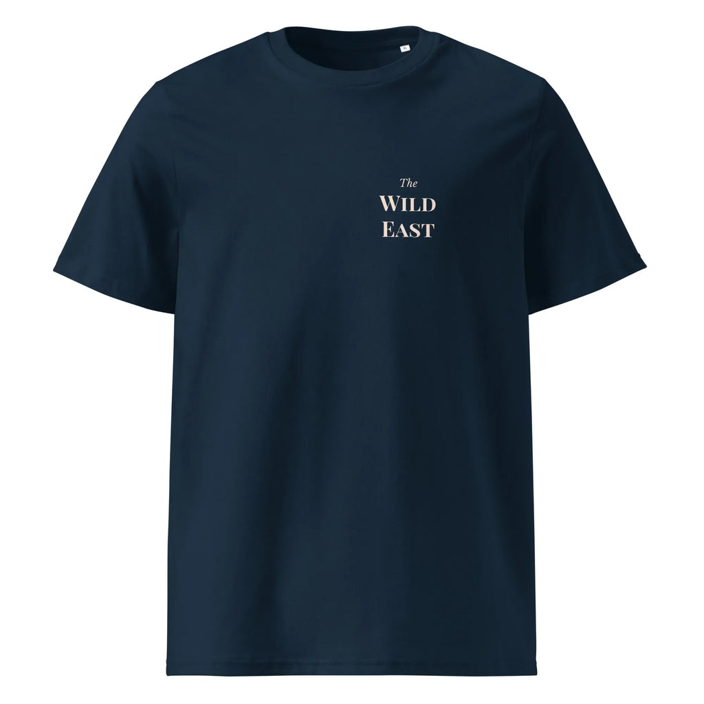 Dark navy organic tee with small “The Wild East” logo on the chest