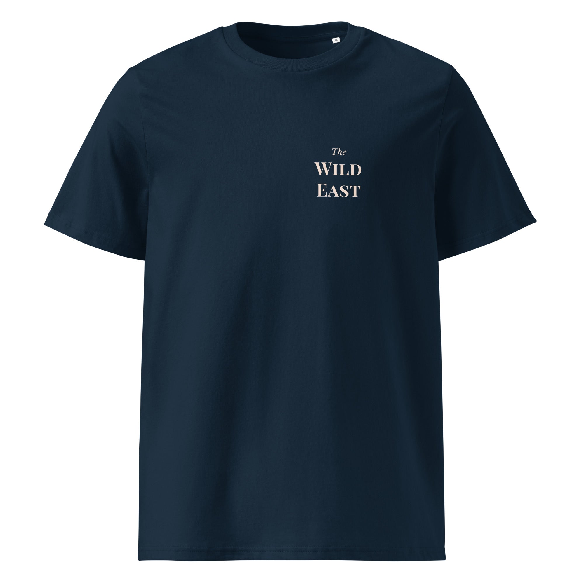 French navy organic tee, front small “The Wild East” text logo