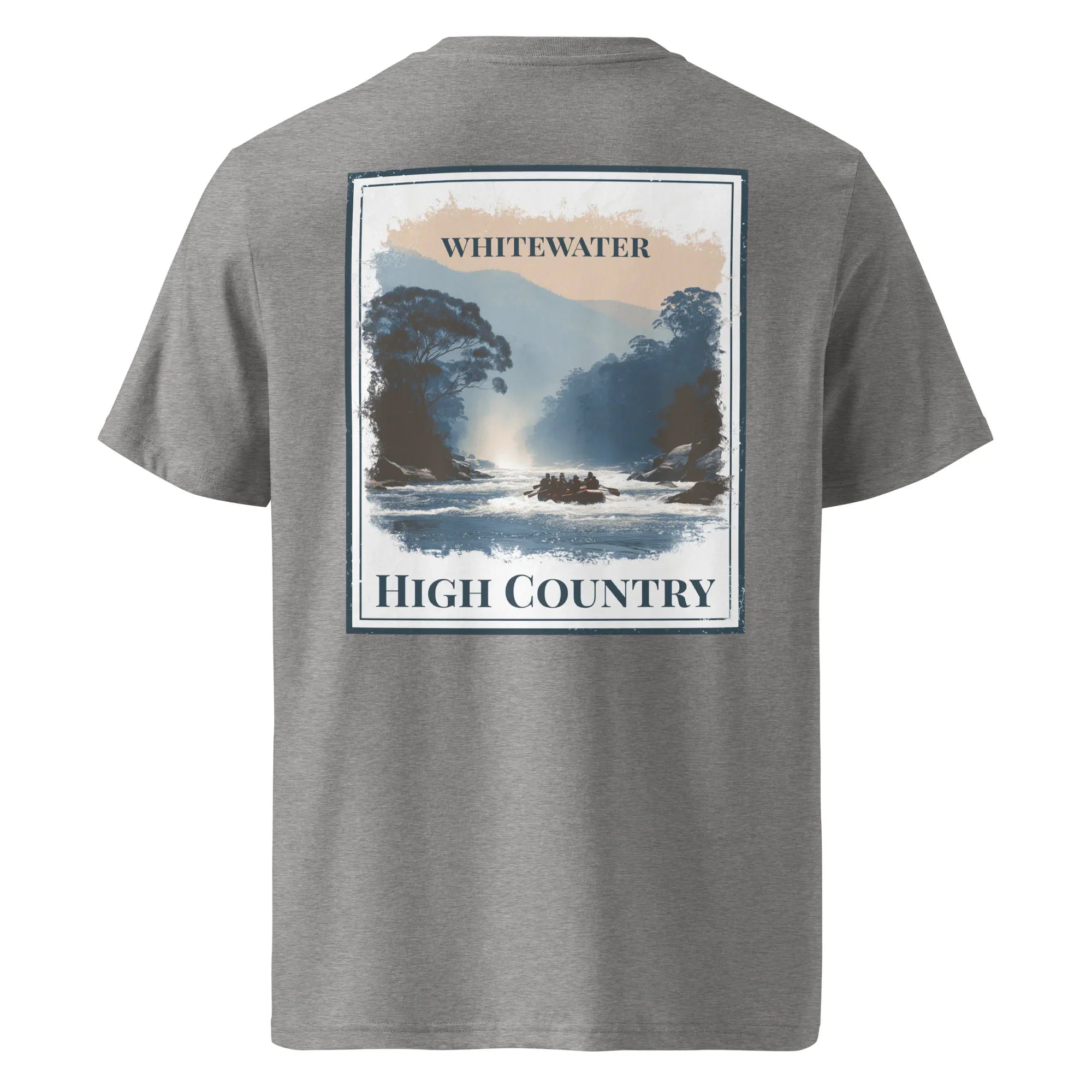 Organic Tee in dark heather grey, back graphic “WHITEWATER HIGH COUNTRY”