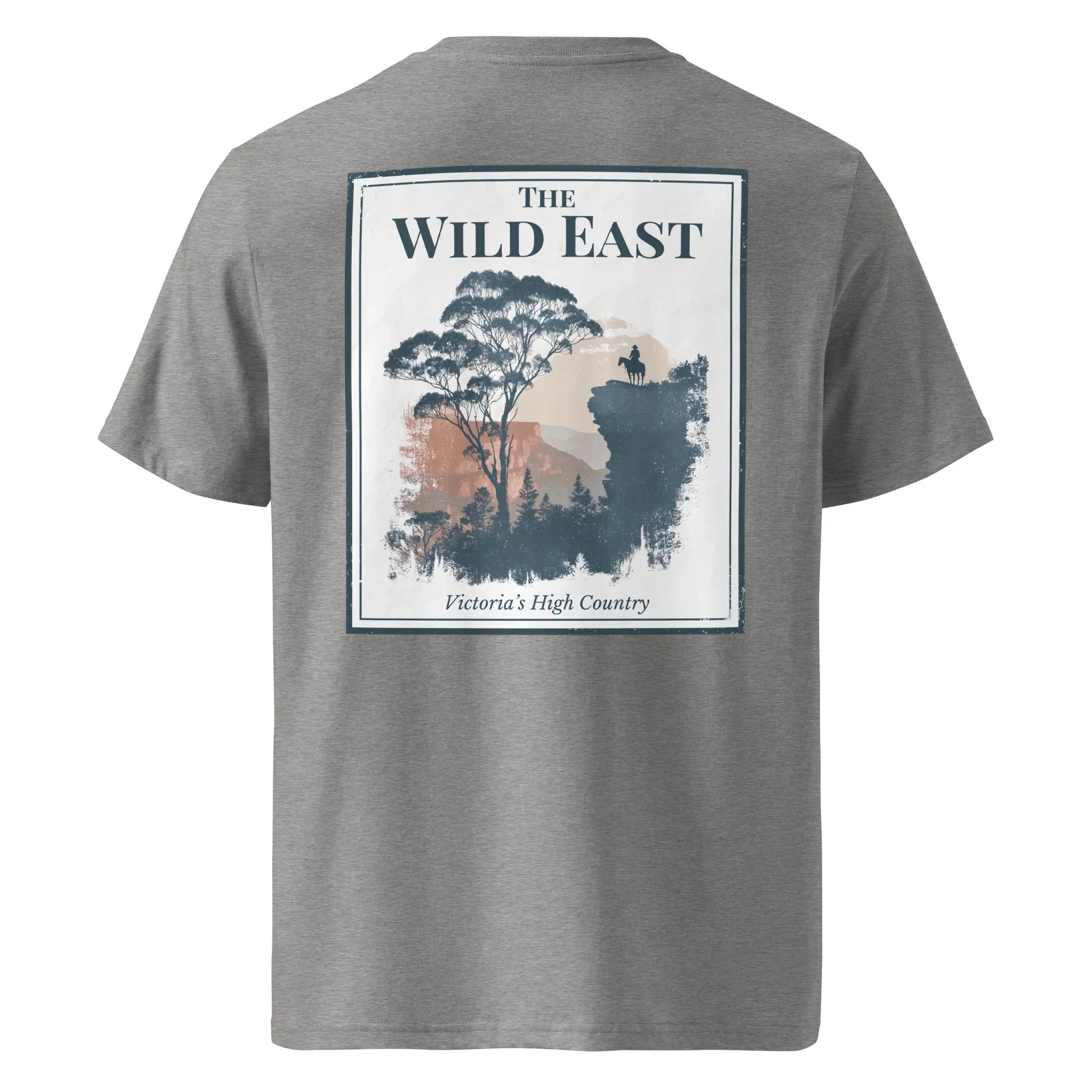 Organic Tee - The Wild East, dark heather grey; back print with landscape graphic.