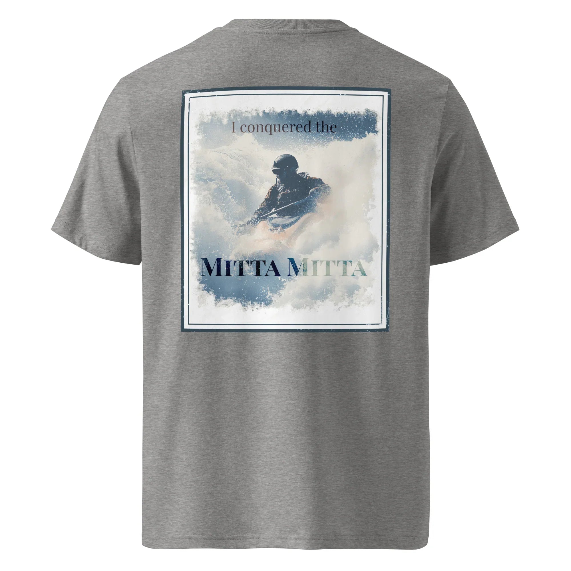 Organic tee (back) in dark heather grey with large “Mitta Mitta” graphic print