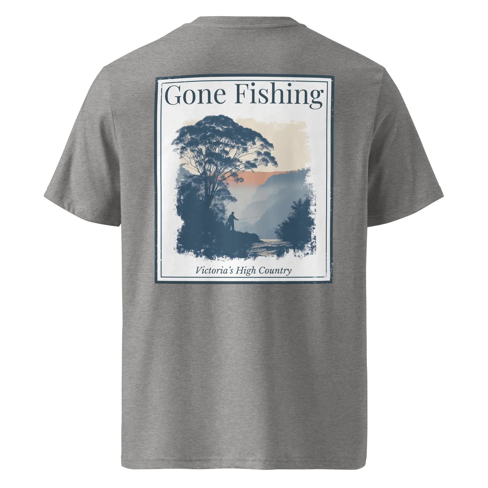 Organic Tee - Gone Fishing, dark heather grey, large back graphic print