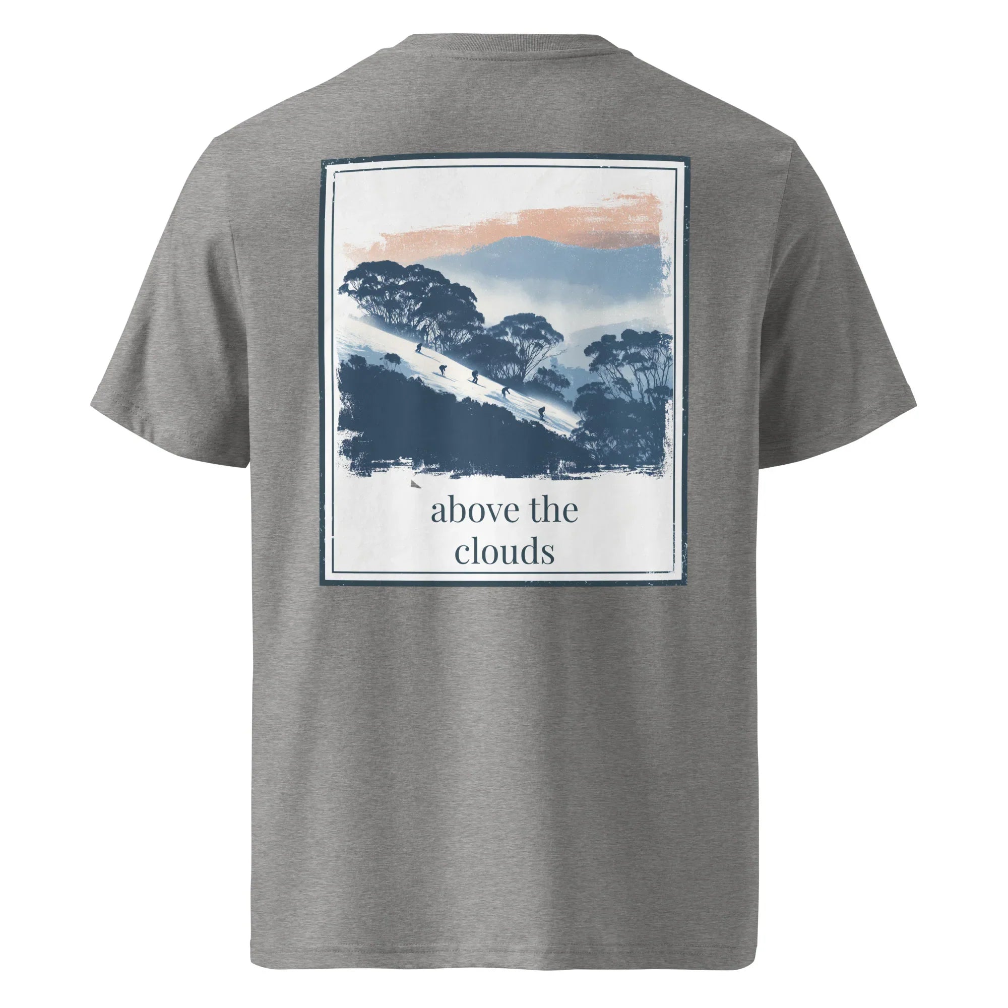 Heather grey organic T-shirt, back graphic mountains with "above the clouds" text