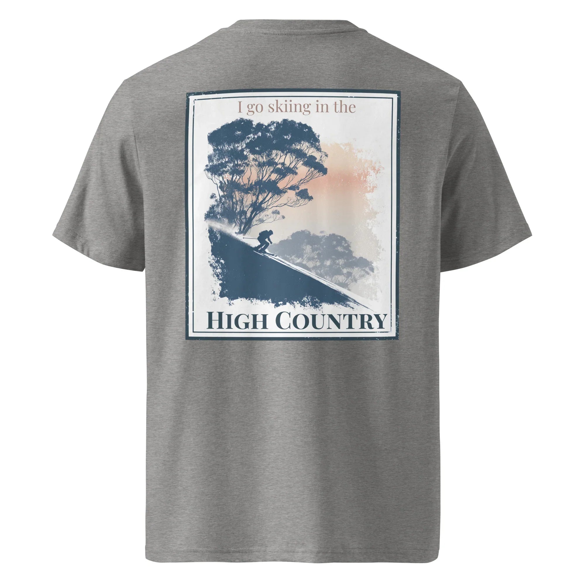 Organic Tee in dark heather grey, back print with skier and “High Country” text
