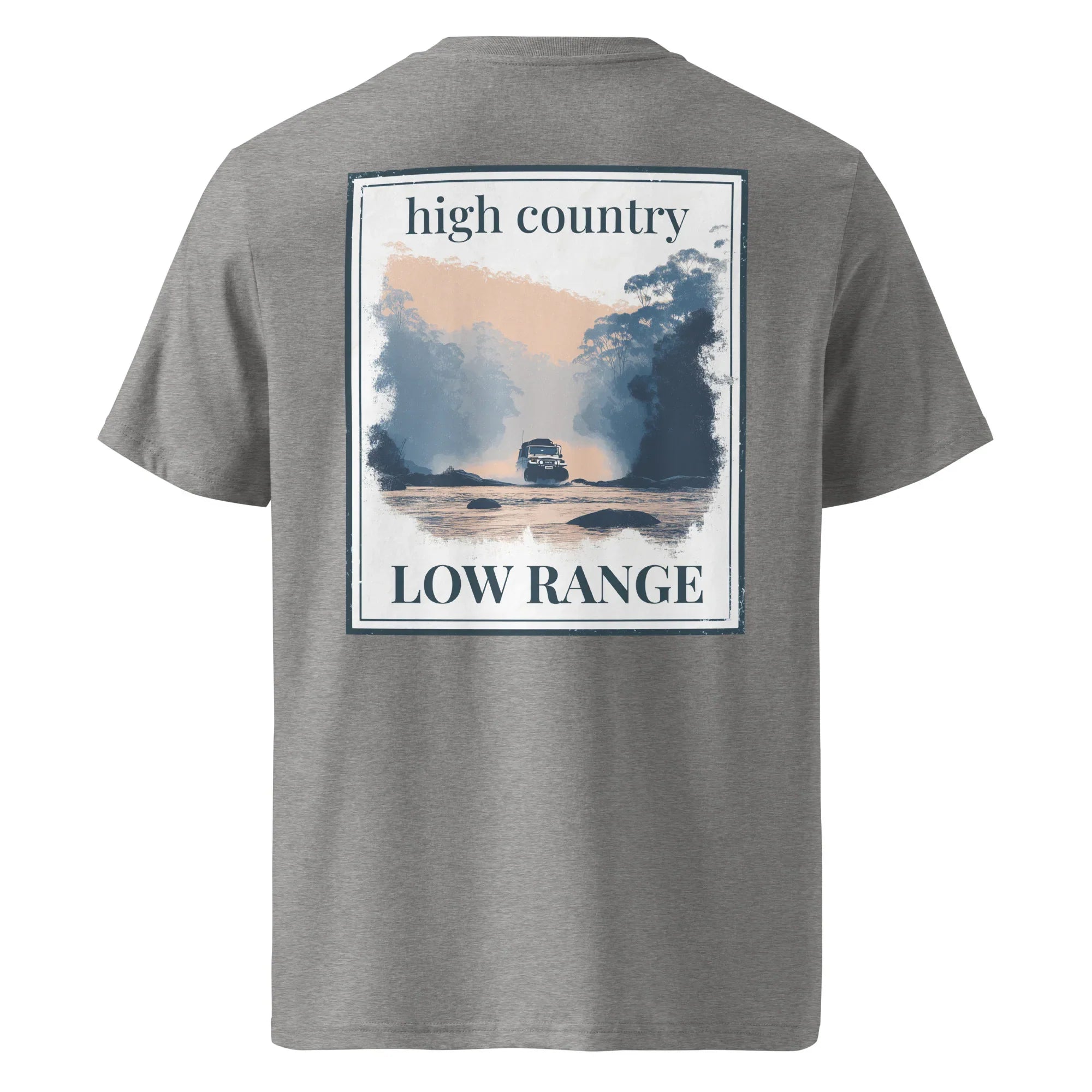 Organic tee in dark heather grey, back graphic reading “high country” and “LOW RANGE”