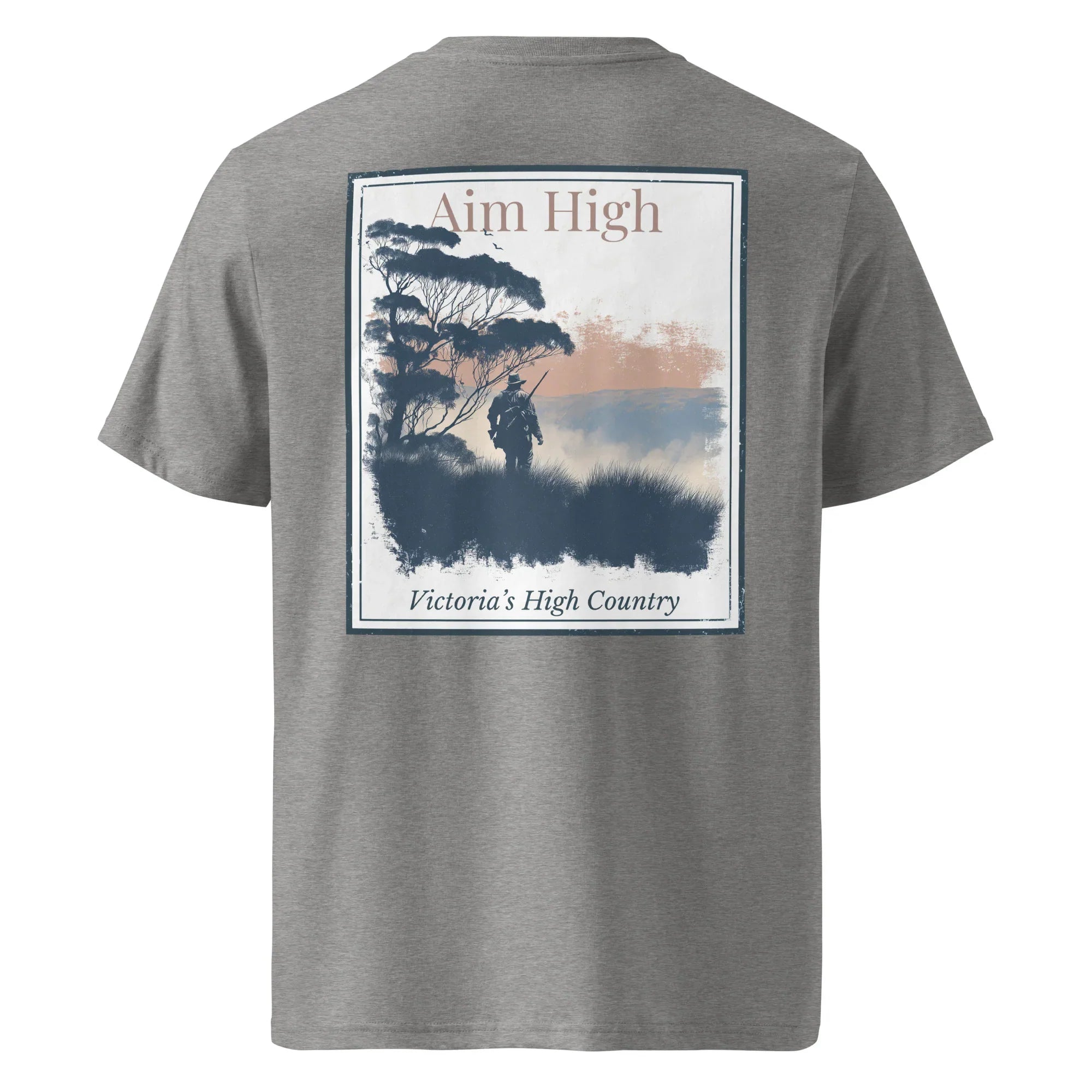 Organic Aim High tee, dark heather grey, back print with framed landscape graphic