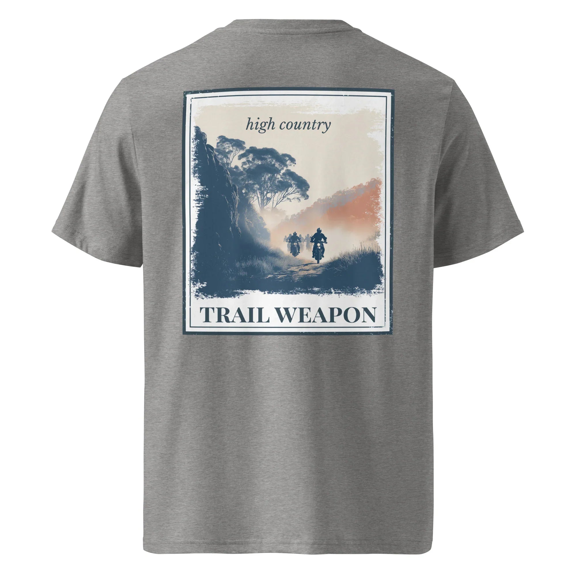Organic tee, dark heather grey with front “Trail Weapon” graphic