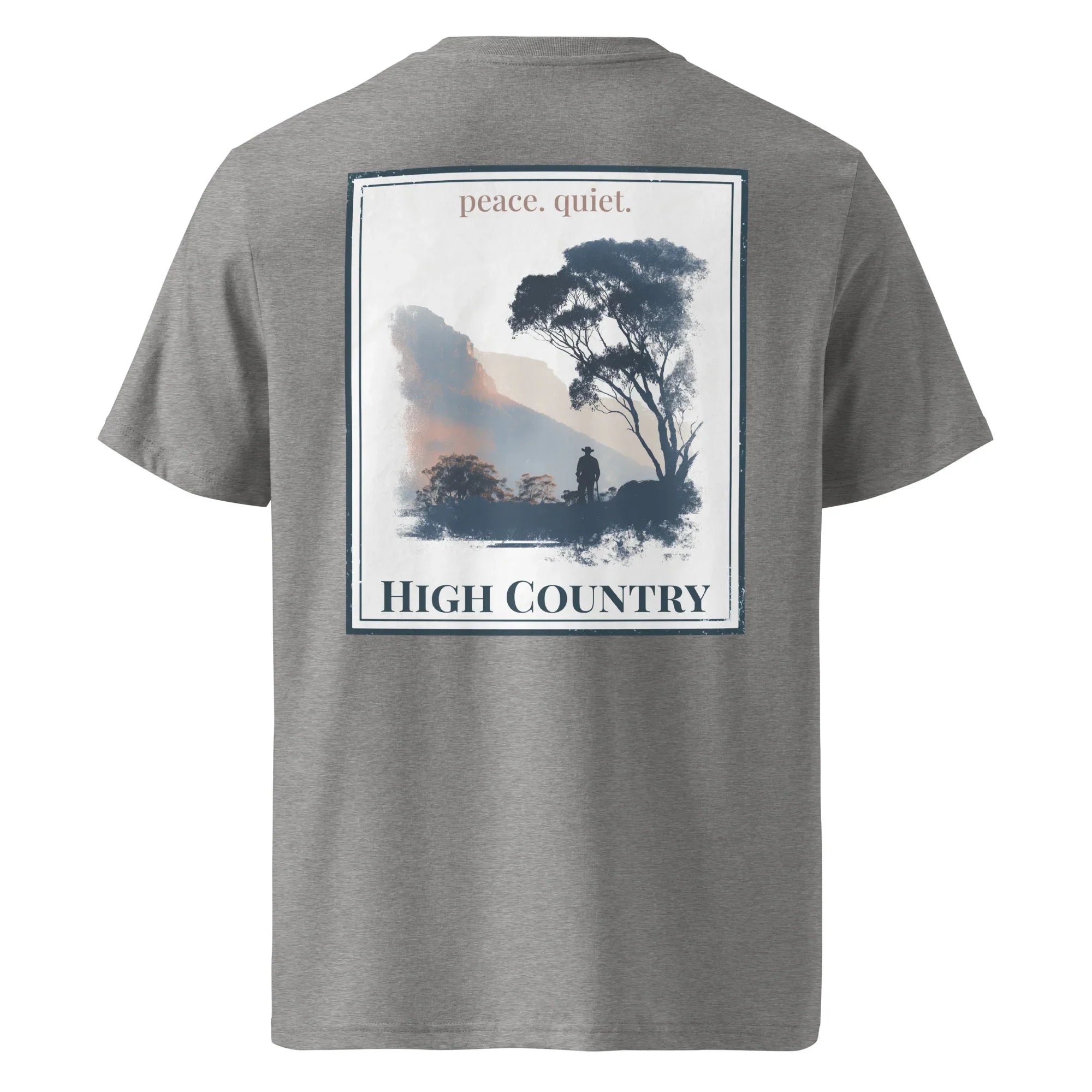 Organic Tee High Country, dark heather grey; back graphic with tree, “peace. quiet.”
