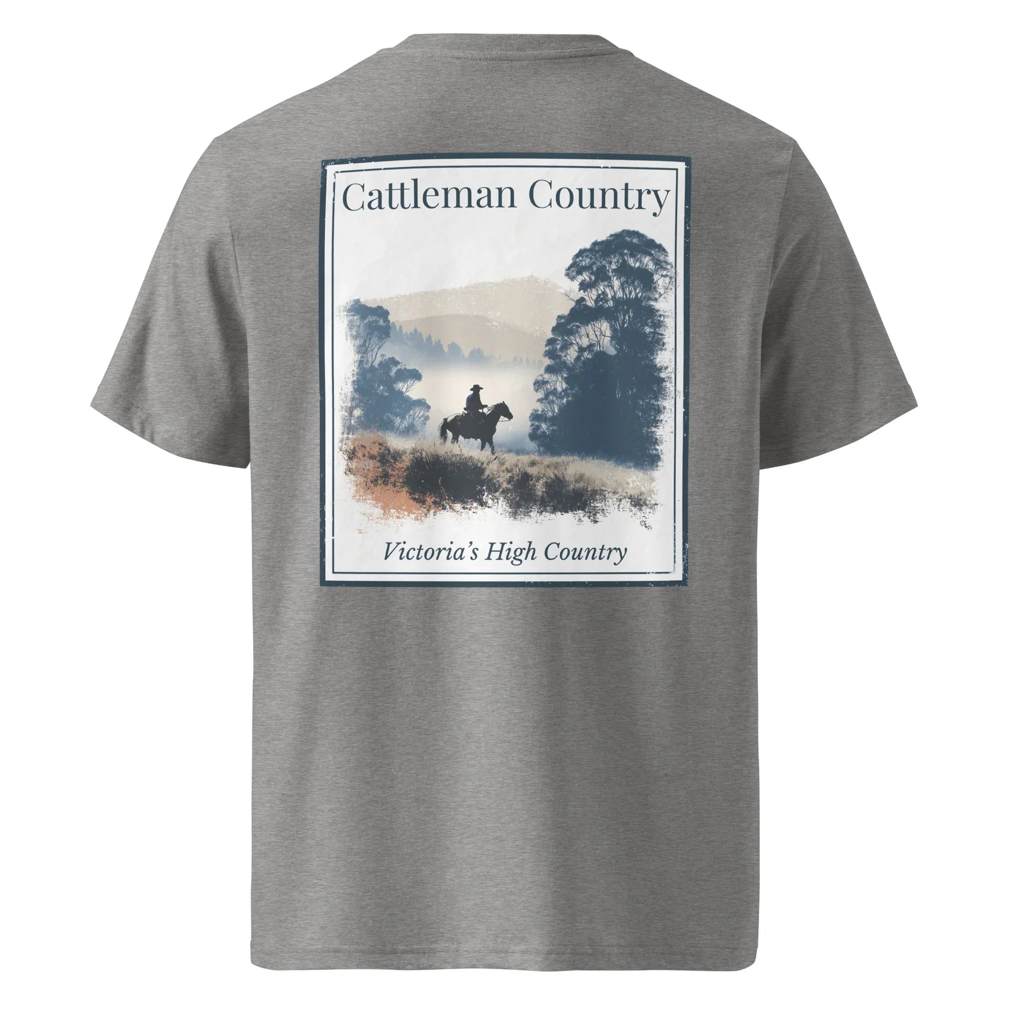 Heather grey organic tee, back graphic “Cattleman Country: Victoria's High Country”