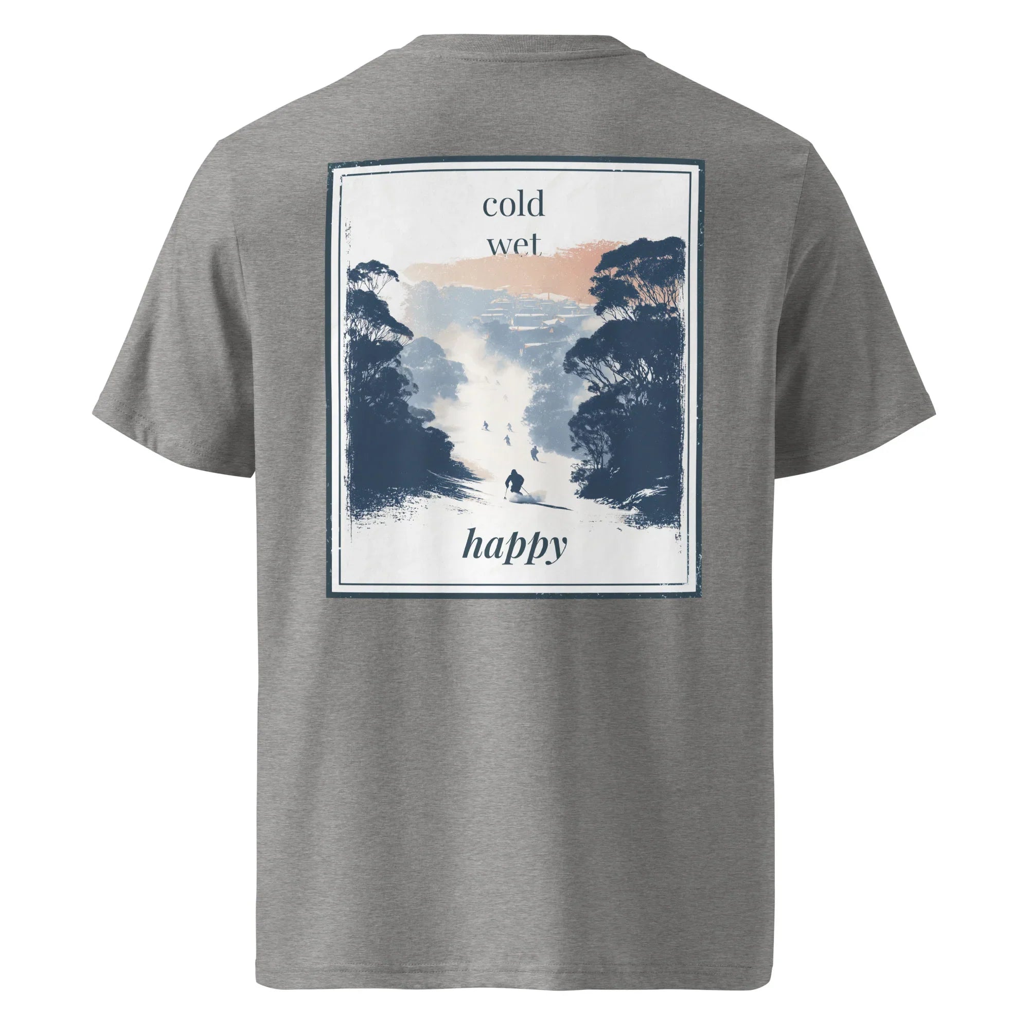 Organic tee in dark heather grey, back print with 'cold wet happy' landscape graphic