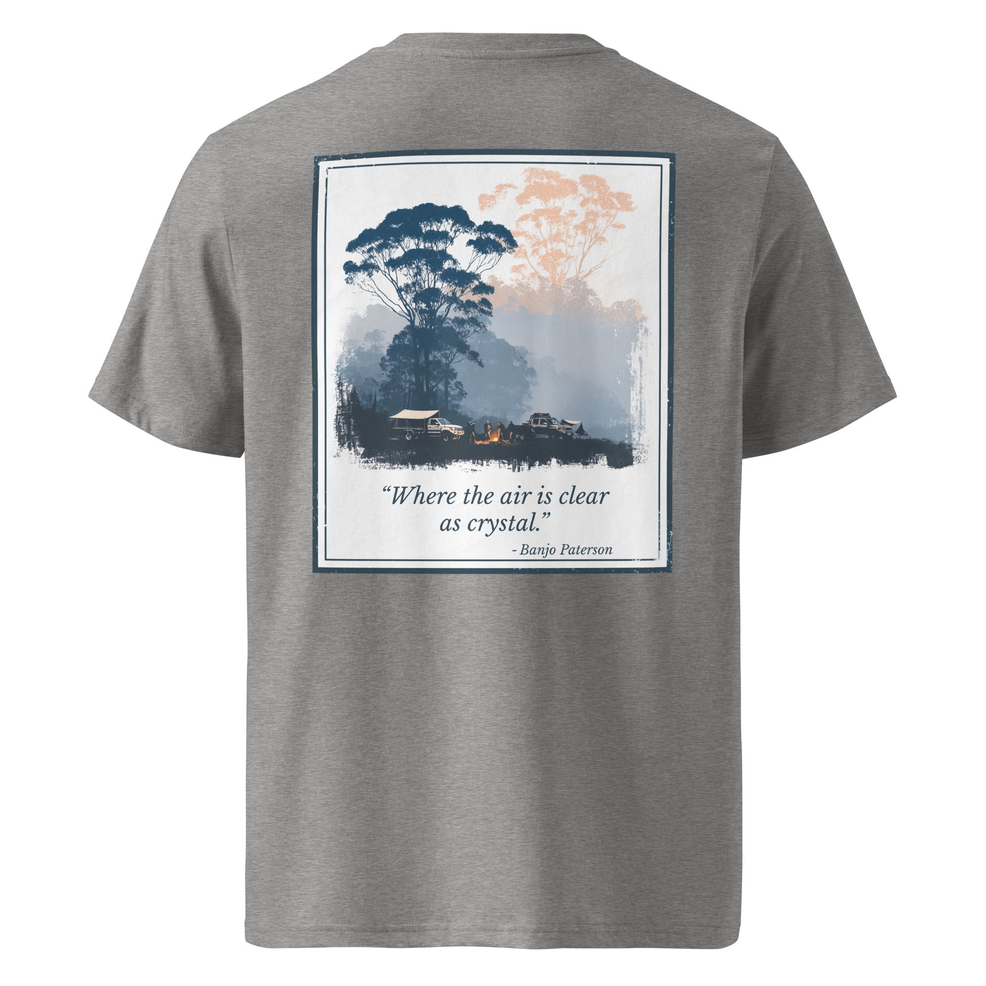 Organic tee, back view, framed landscape graphic, heather gray