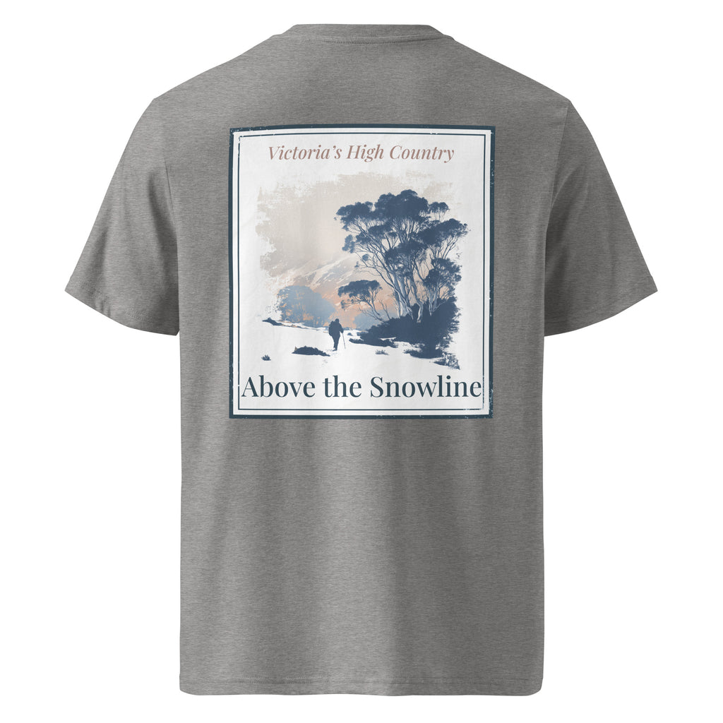 Dark heather grey organic tee, back print with scenic “Above the Snowline” graphic