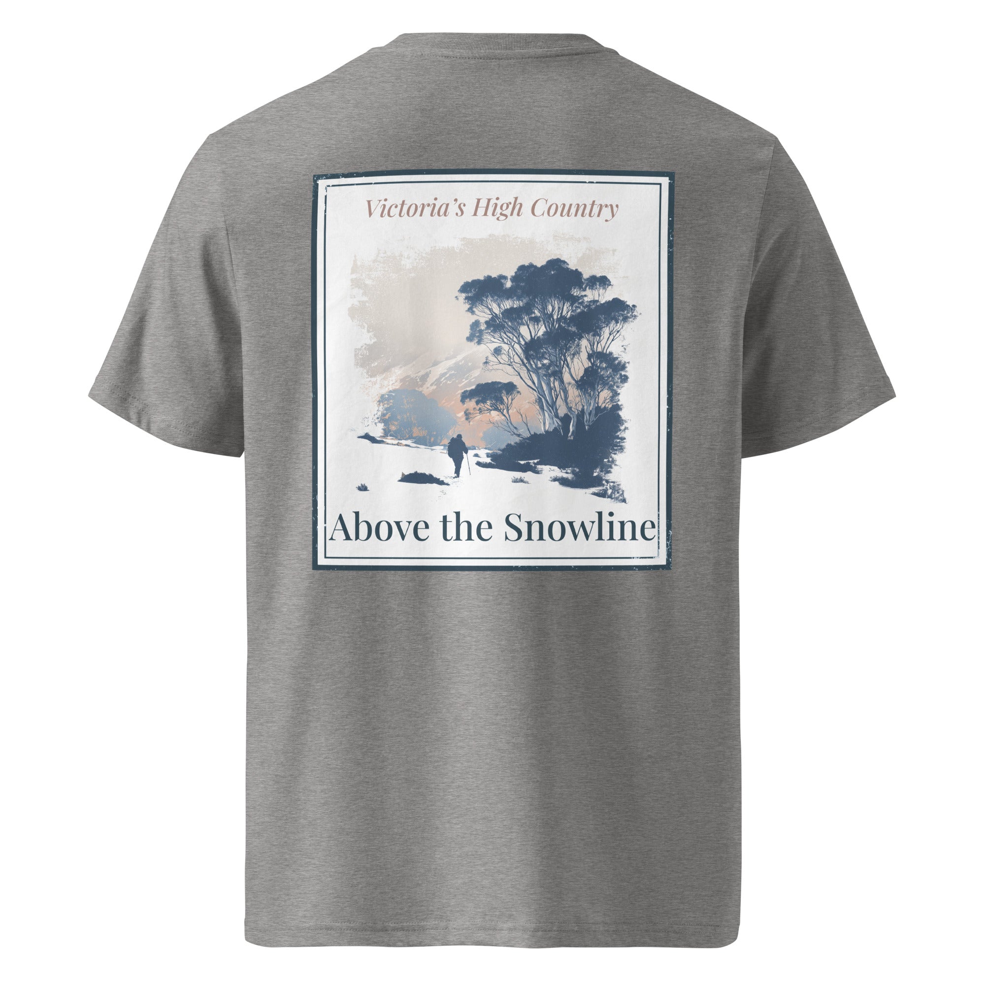 Dark heather grey organic tee, back print with scenic “Above the Snowline” graphic