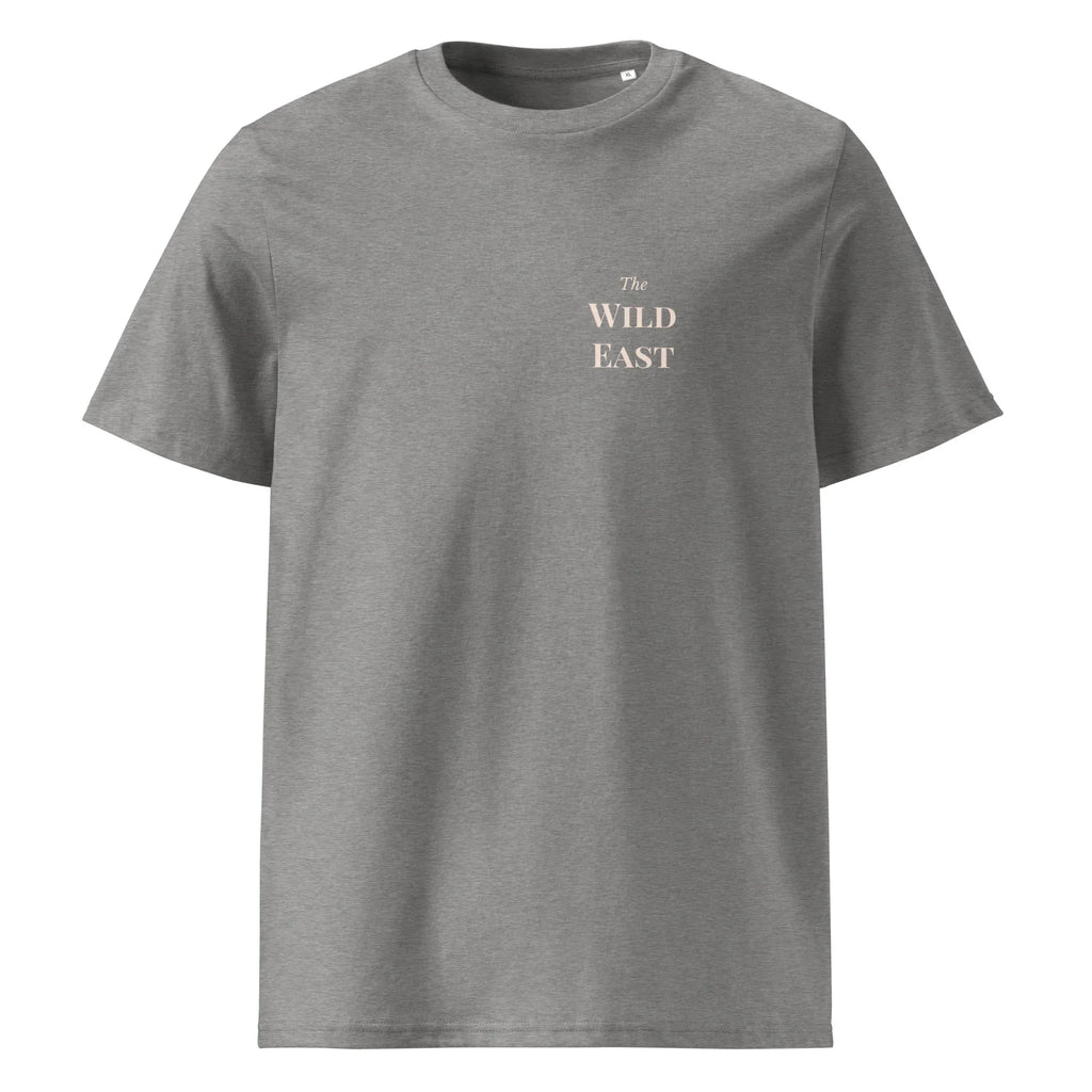 Organic Tee in Dark Heather Grey, front: “The Wild East” logo text.