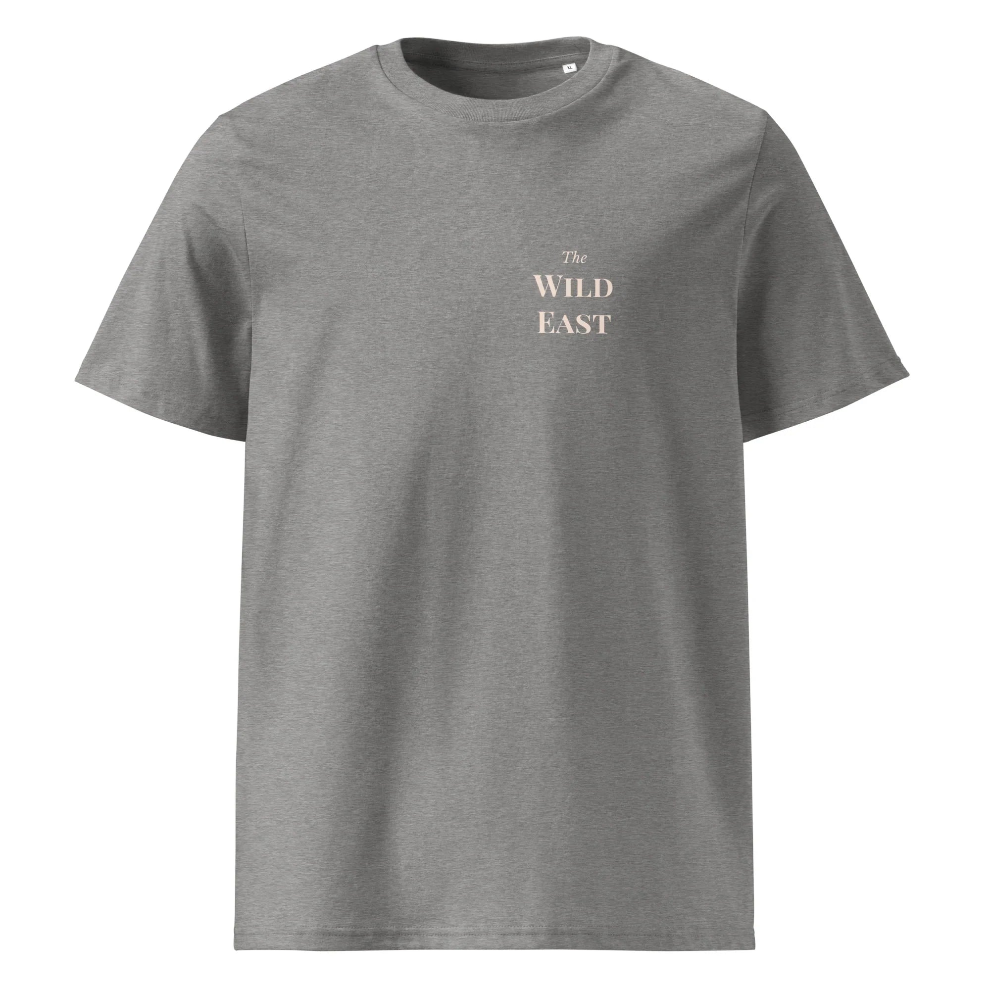 Heather grey organic tee, front “The Wild East” small chest print