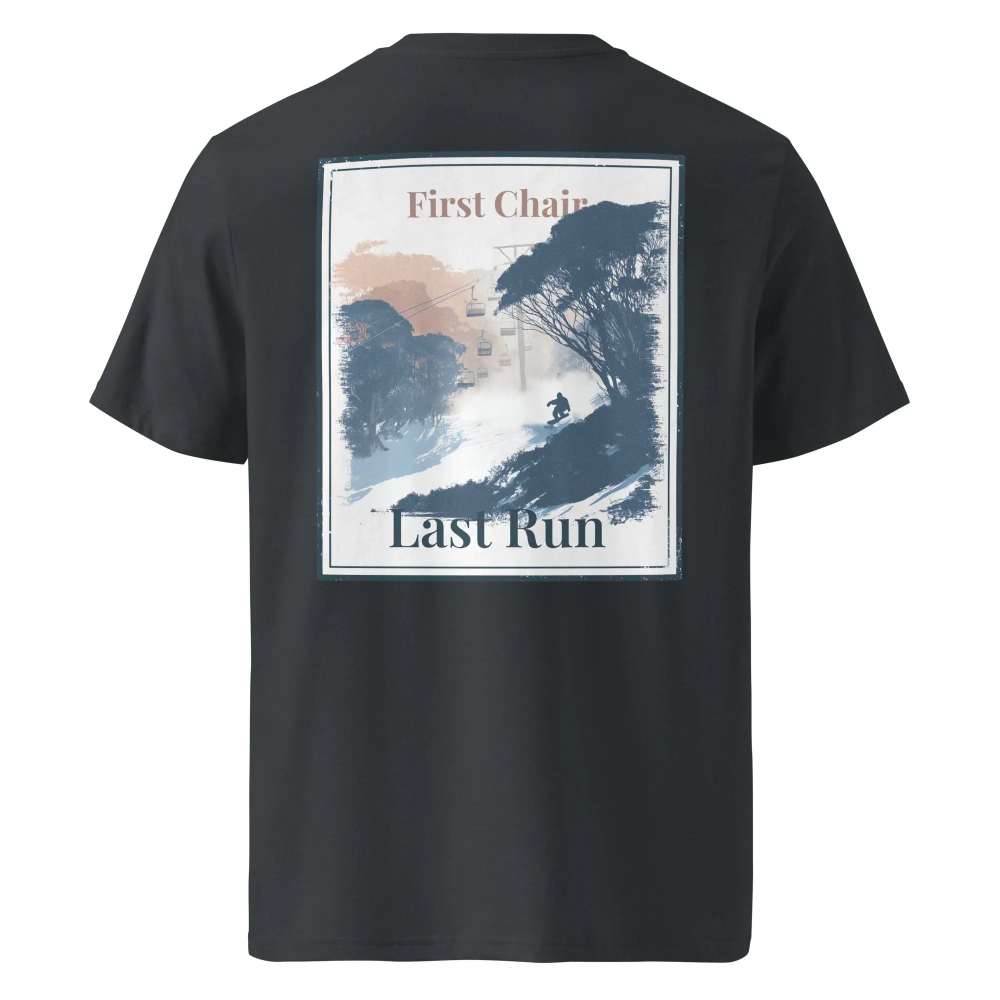 Black tee back with framed 'First Chair'/'Last Run' graphic