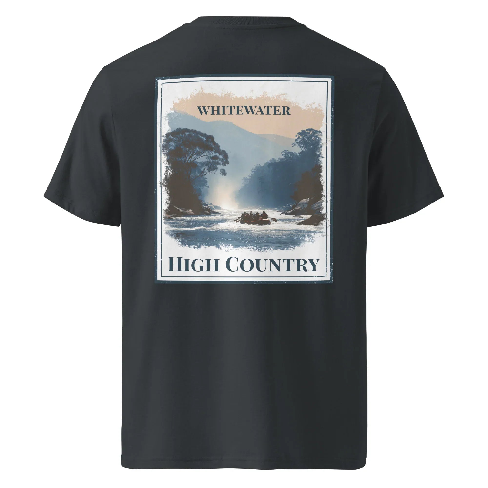 Black organic T-shirt, back graphic "WHITEWATER" and "HIGH COUNTRY"