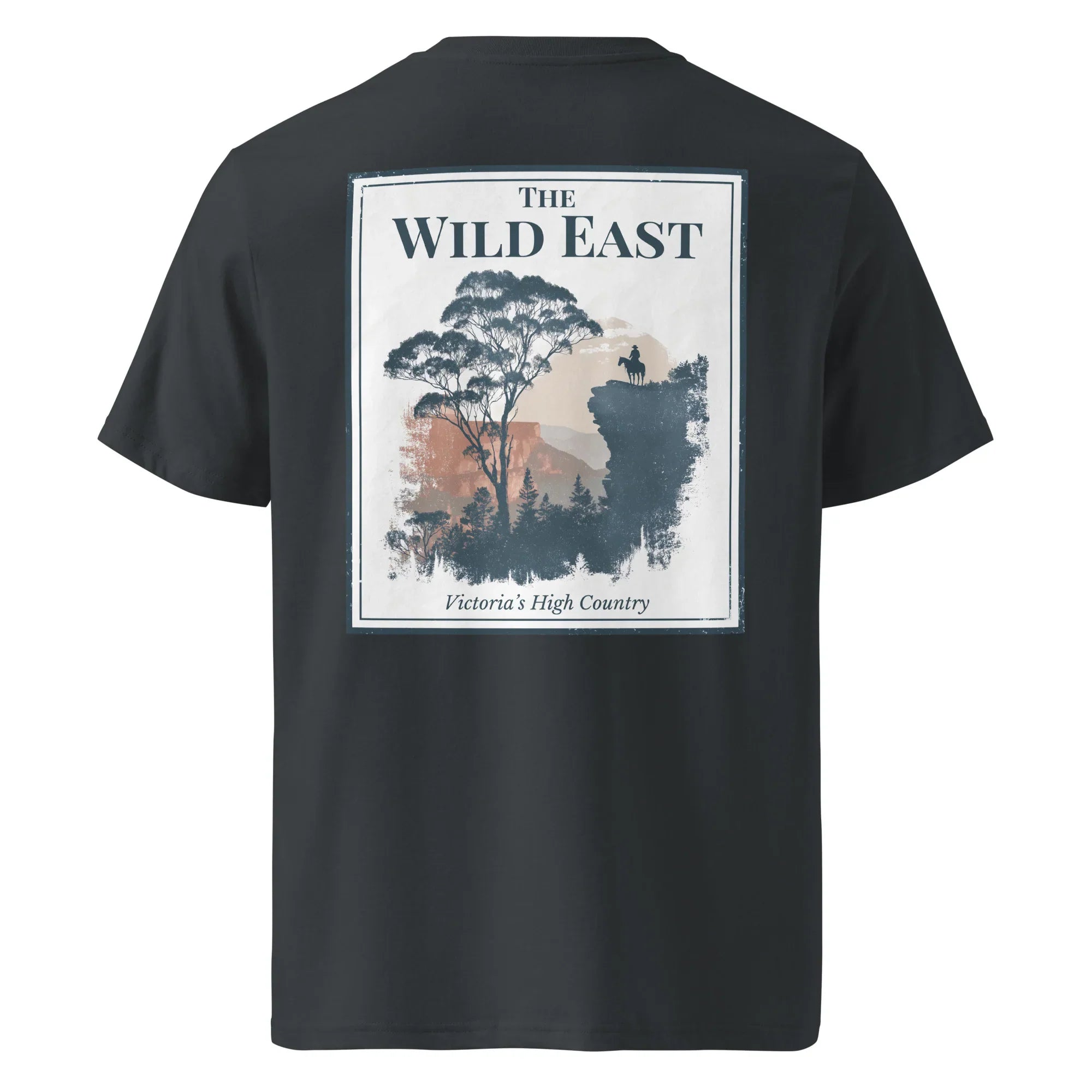 Organic tee back in black, large “The Wild East” landscape print