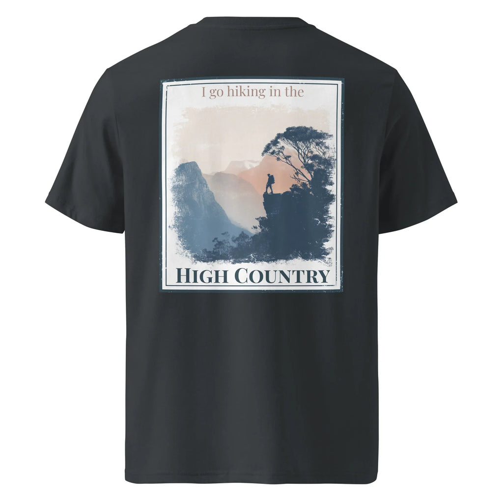 Dark heather grey organic tee with back hiking landscape graphic and “HIGH COUNTRY”