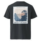 Dark heather grey organic tee with back hiking landscape graphic and “HIGH COUNTRY”