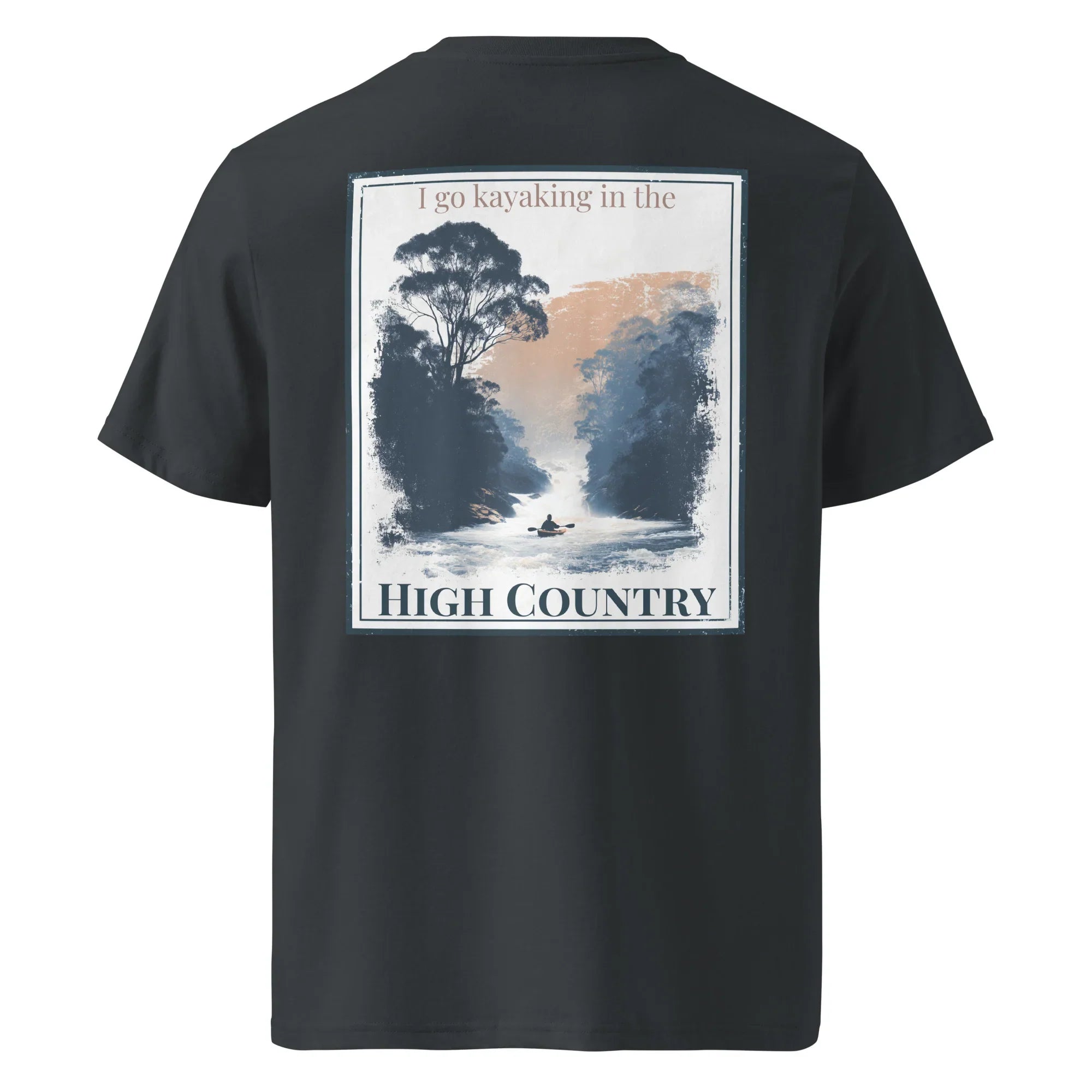 Black T-shirt mit Rückenprint „I go kayaking in the High Country“