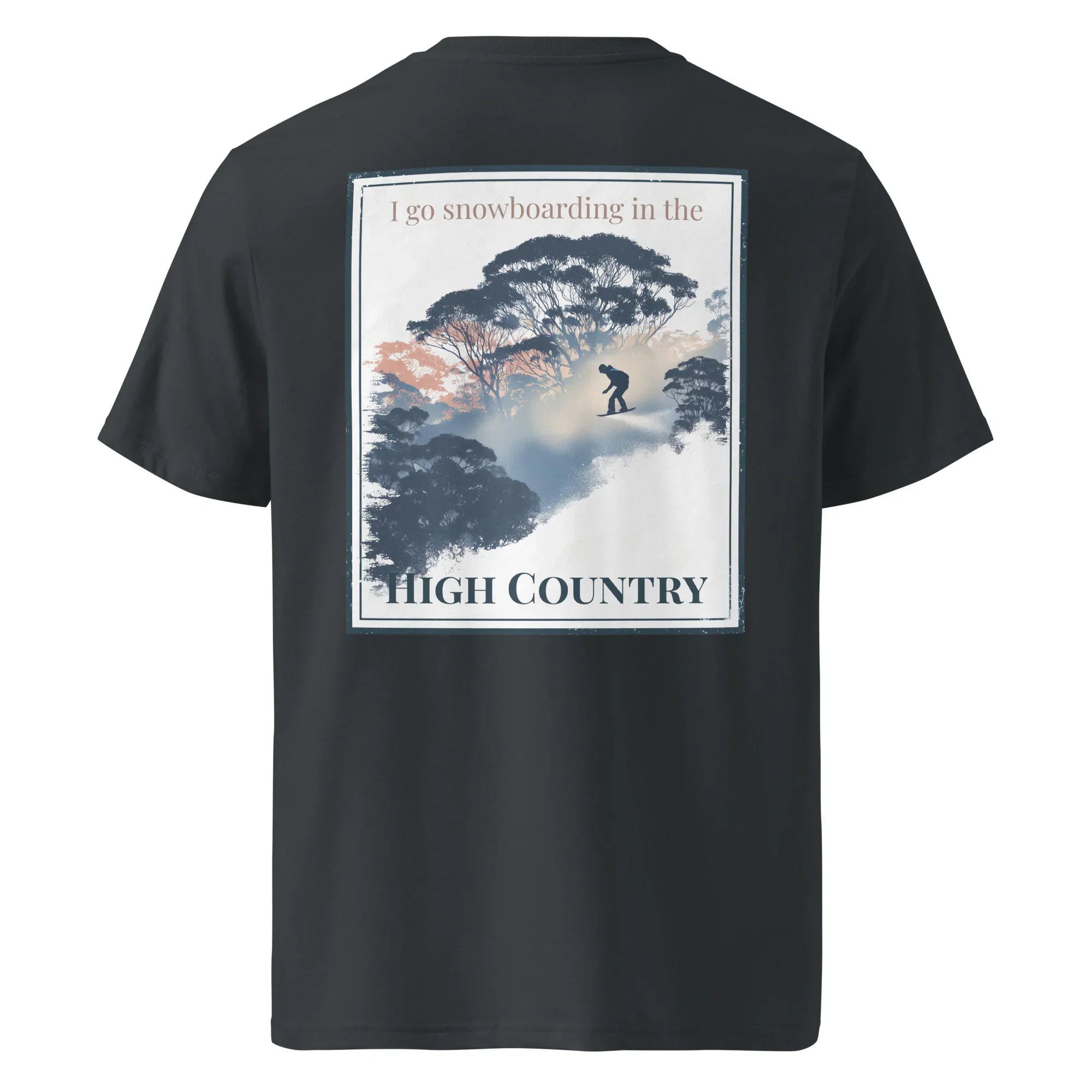 Black organic tee, back graphic “High Country” with snowboarder illustration