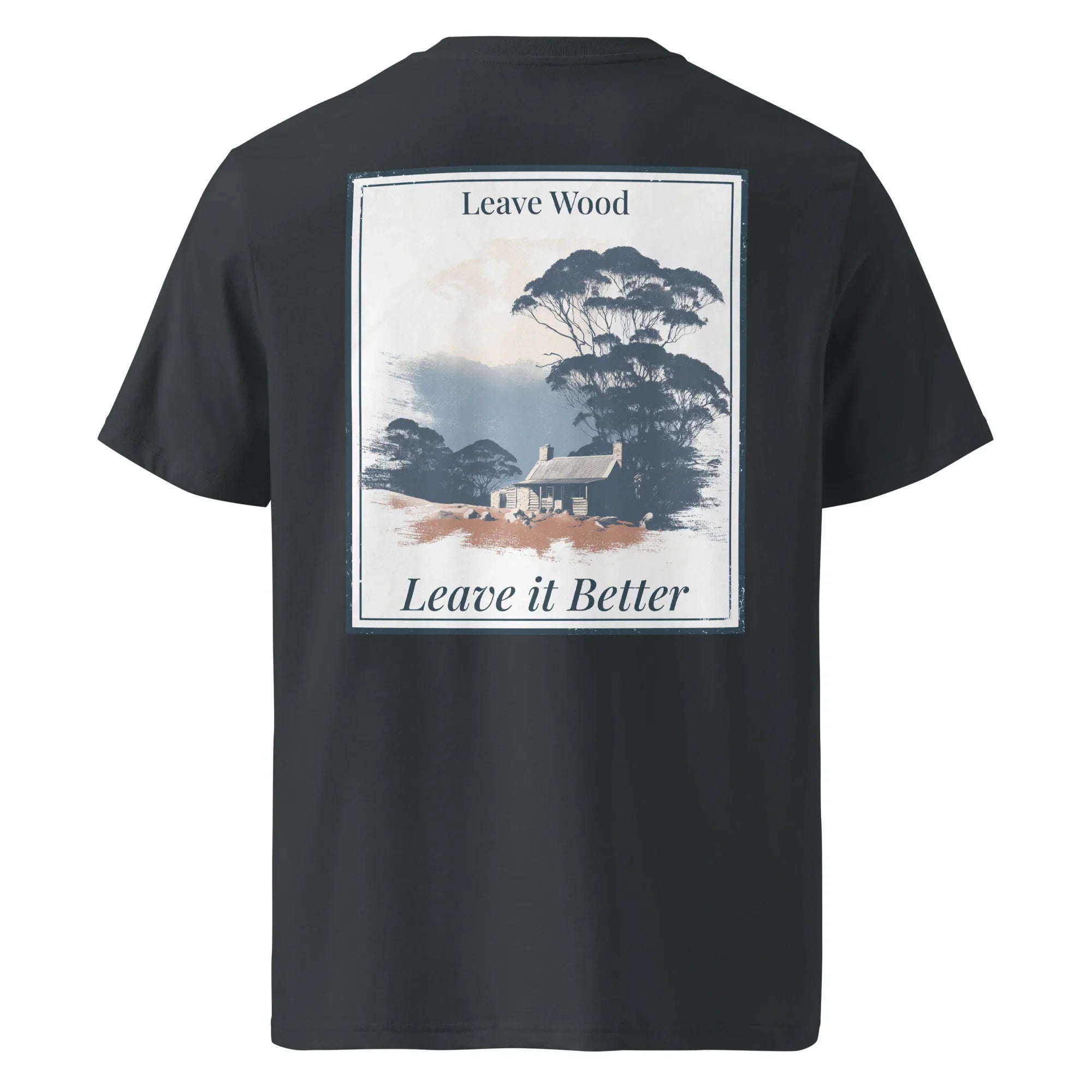 Black organic tee, back graphic print: “Leave Wood / Leave it Better”