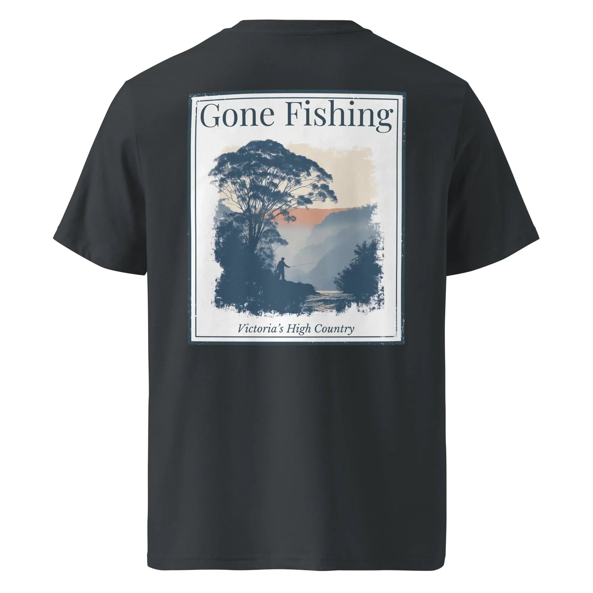 Gone Fishing organic tee, black—back graphic print