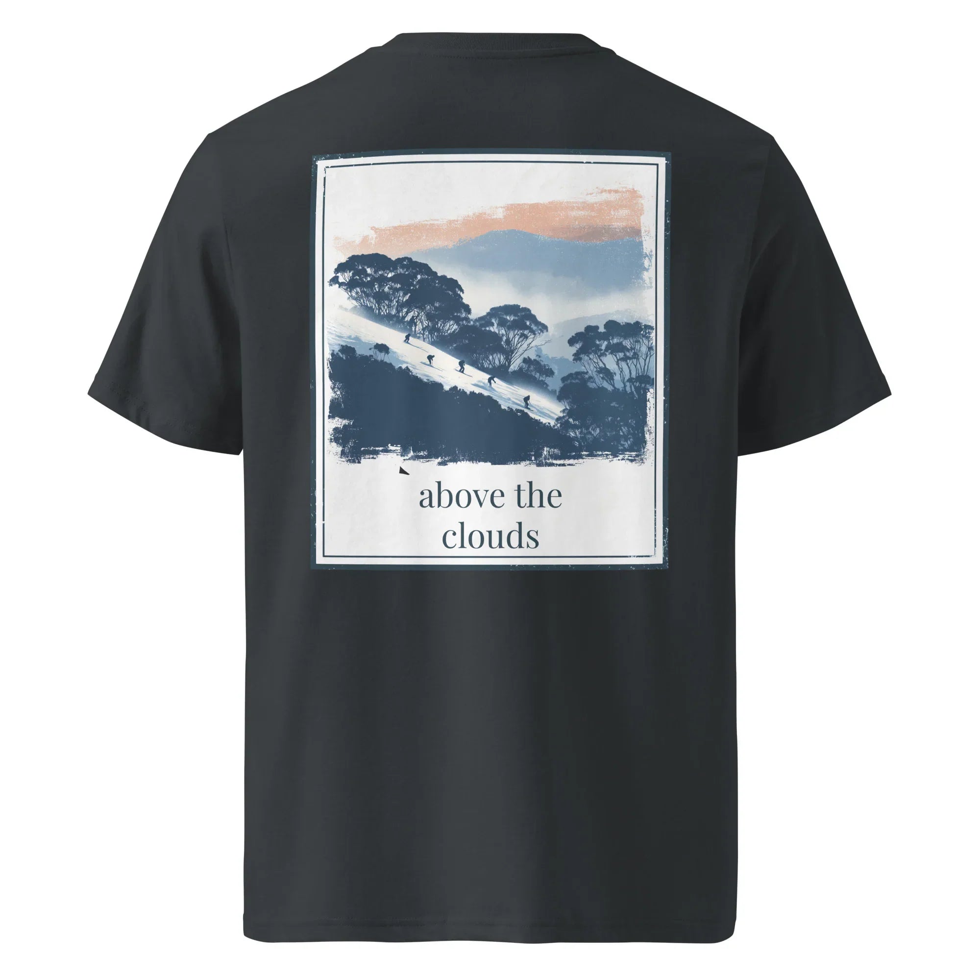Black organic tee, back graphic of mountains with text “above the clouds”