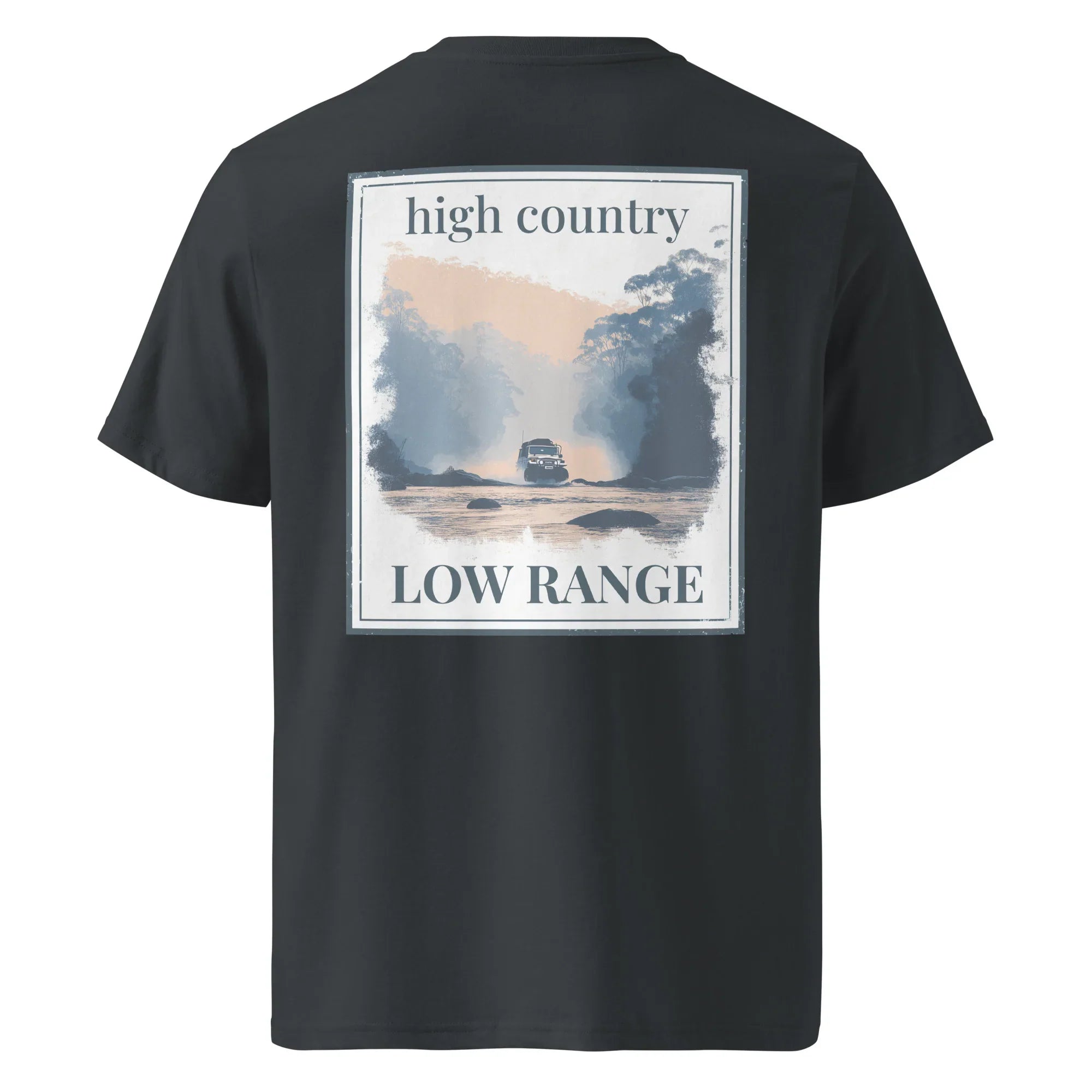 Tee “high country / low range” back graphic on black shirt