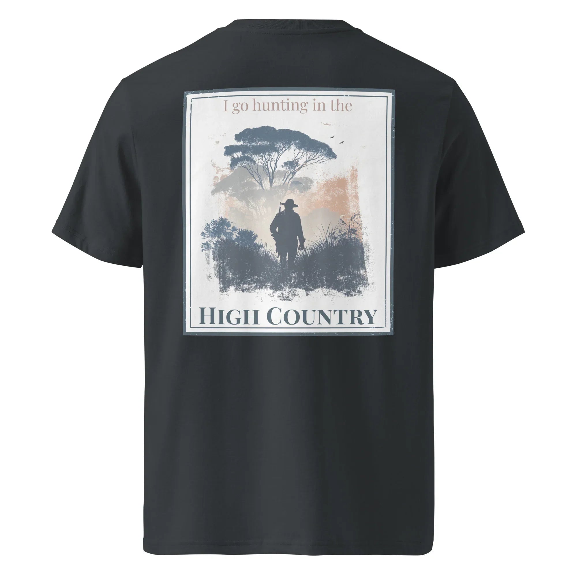 Black organic tee—back graphic with hunter silhouette and “HIGH COUNTRY” text