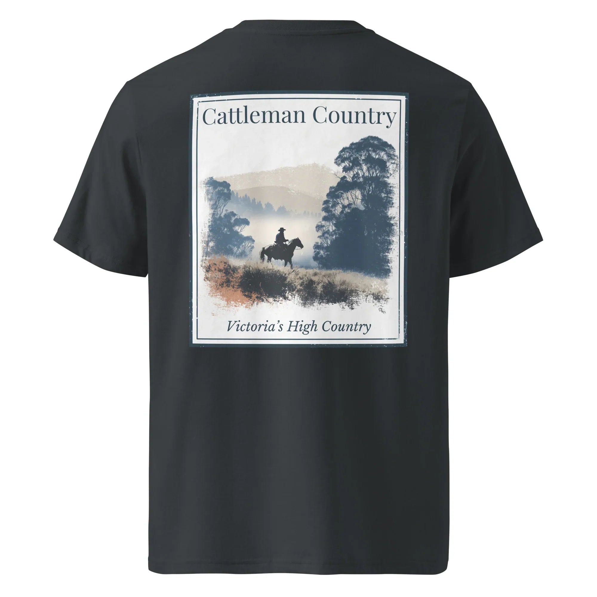 Organic Tee Rückseite, schwarz, Aufdruck „Cattleman Country“ mit Pferd