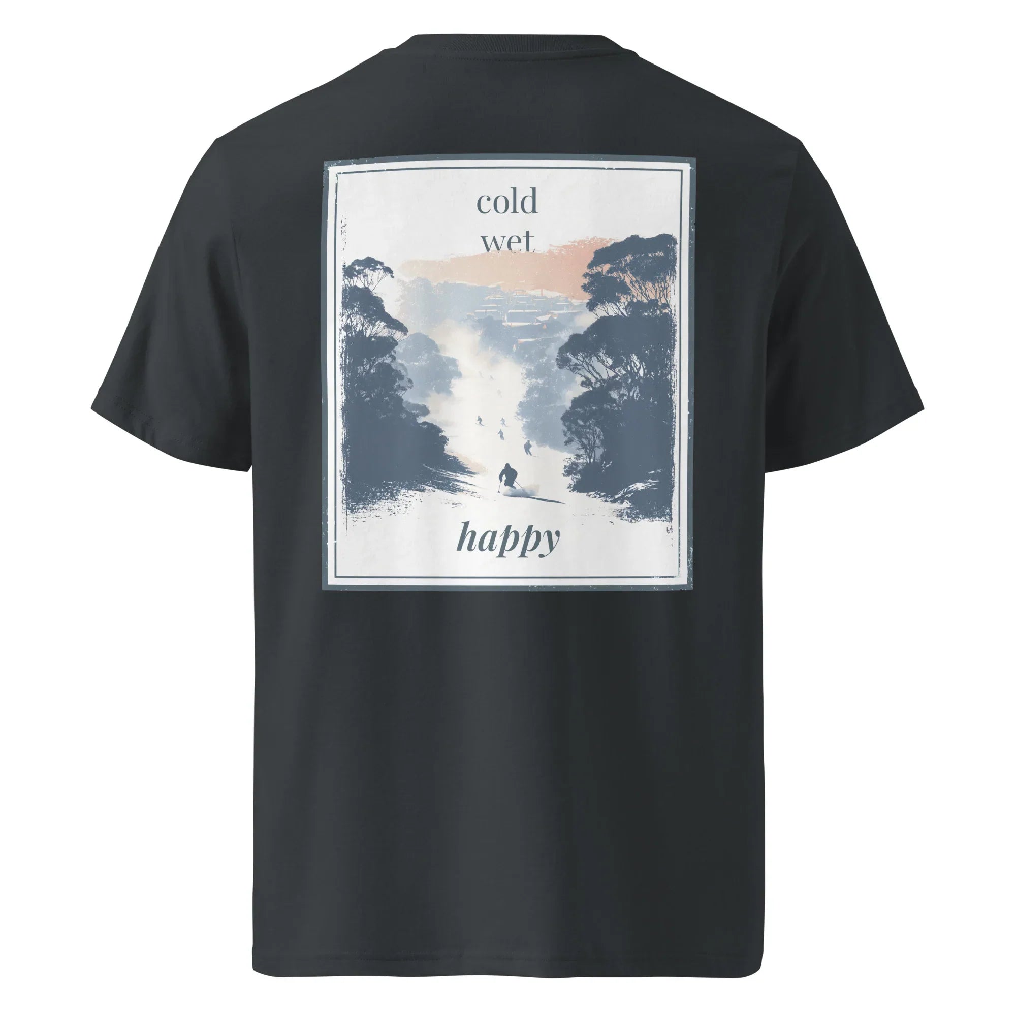 Organic Tee, schwarzes Shirt mit großem „cold wet happy“-Rückenprint