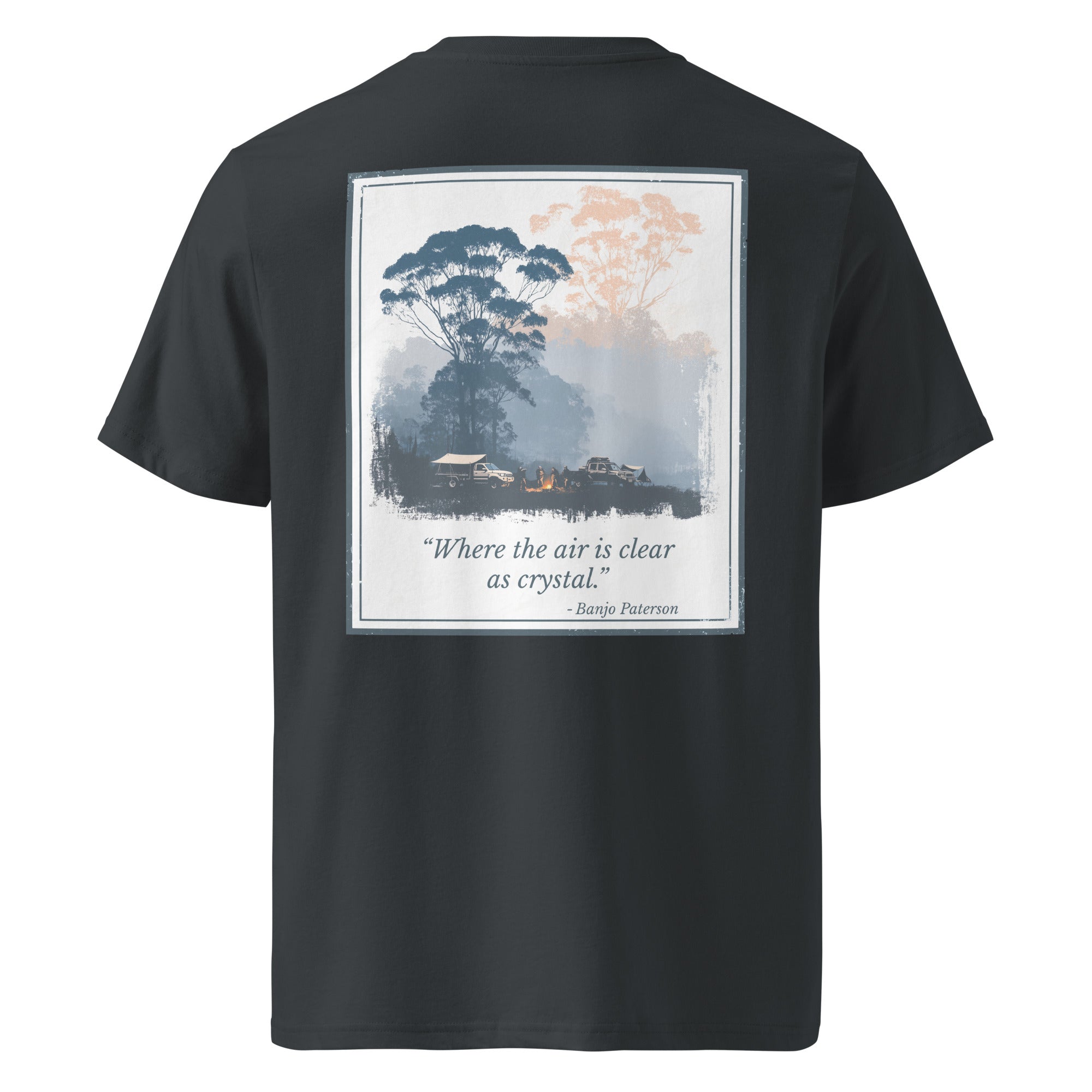 Organic tee, back view, framed landscape graphic, charcoal black