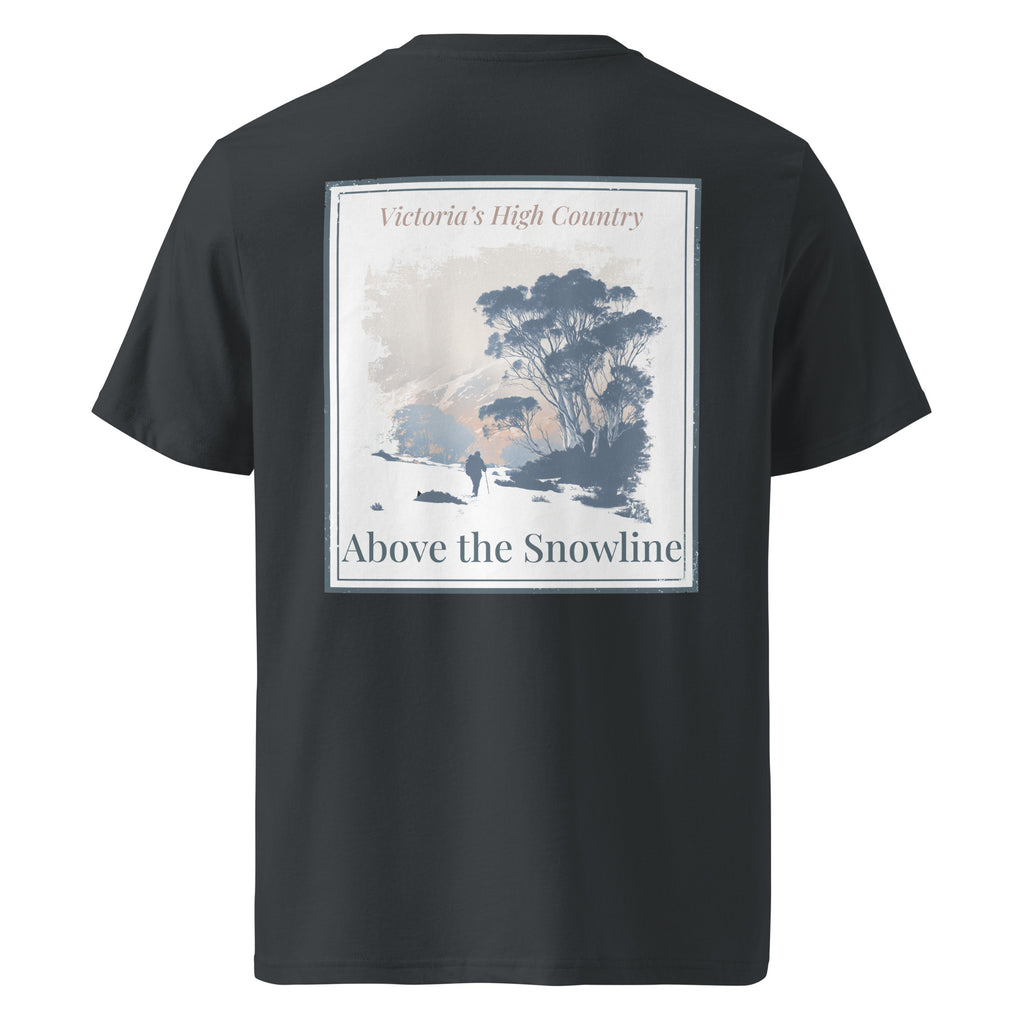 Organic T-shirt, black, back graphic print with snowy landscape in framed panel