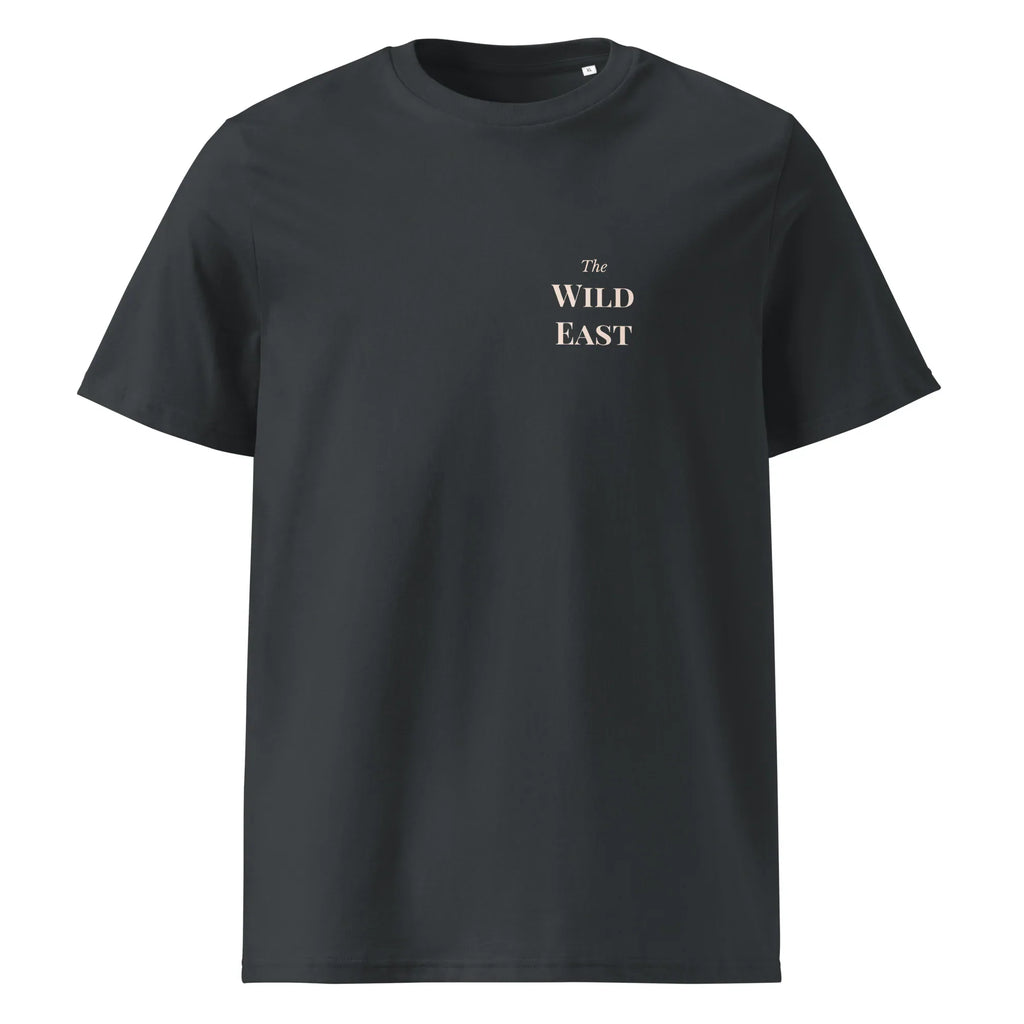 Black organic tee front, small 'The Wild East' text on chest