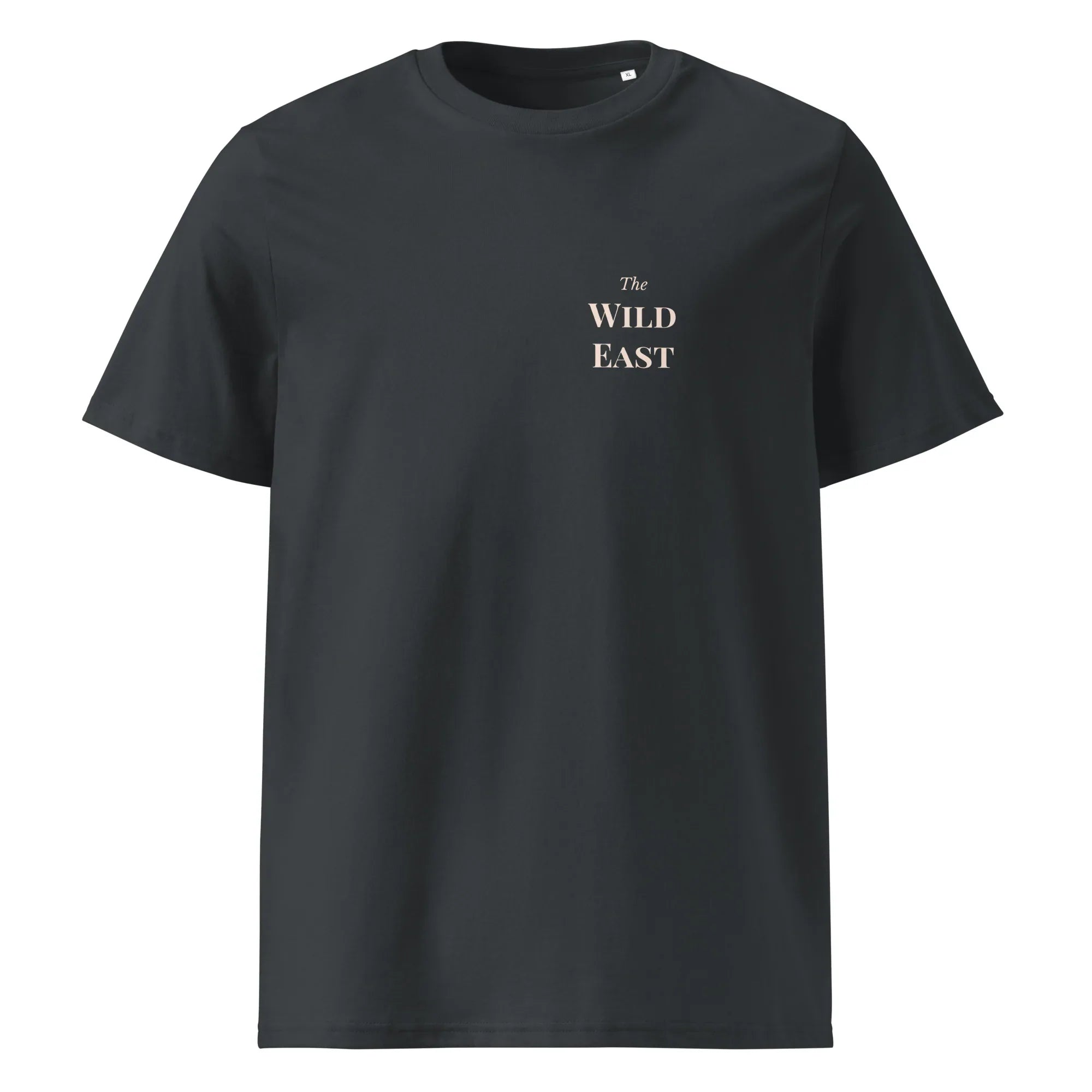 Organic Tee Black, front “The Wild East” logo text