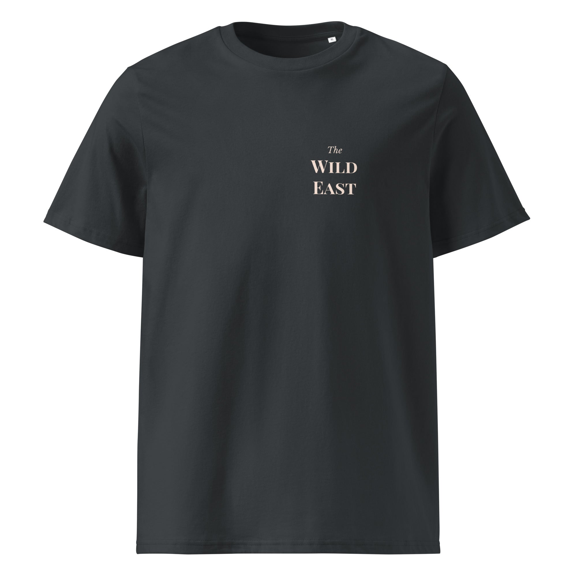Organic T-shirt, dark charcoal, front “The WILD EAST” text logo