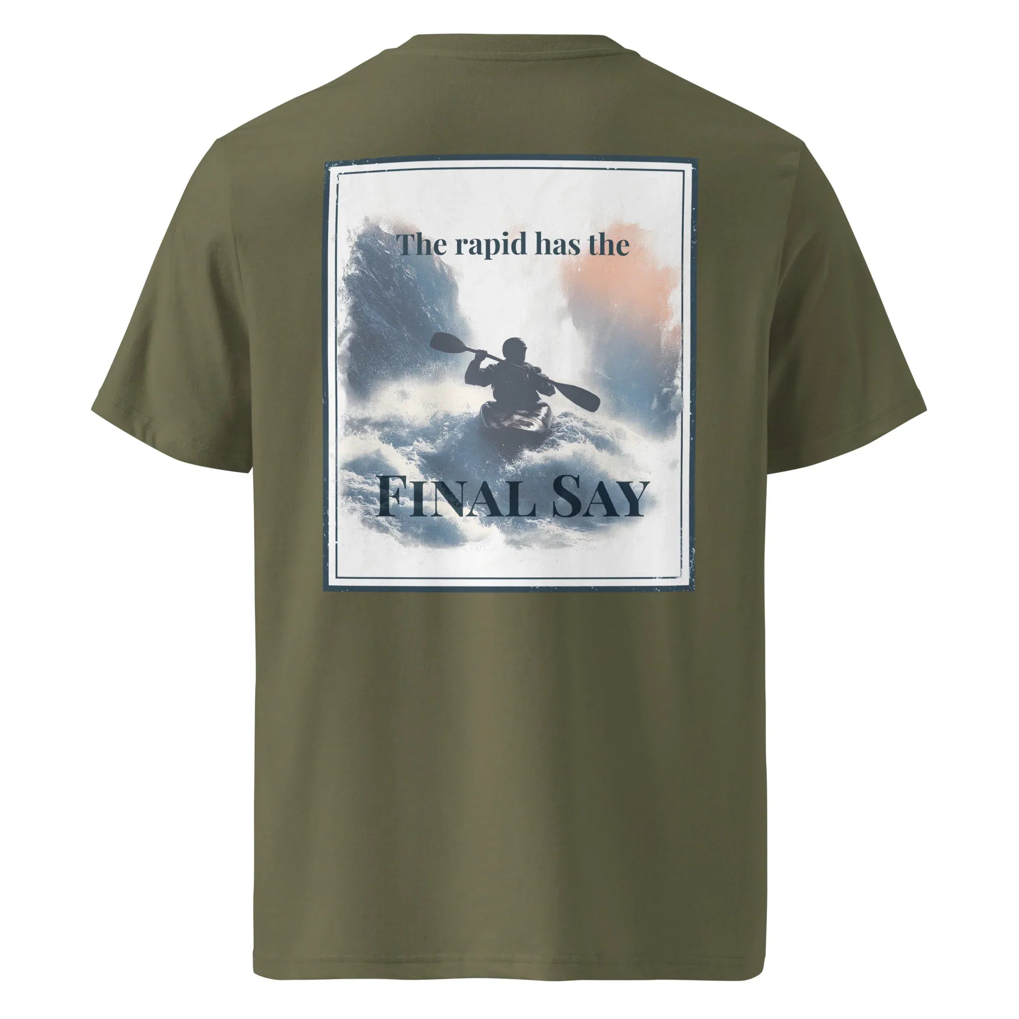 Khaki T-shirt with large back graphic reading “Final Say”