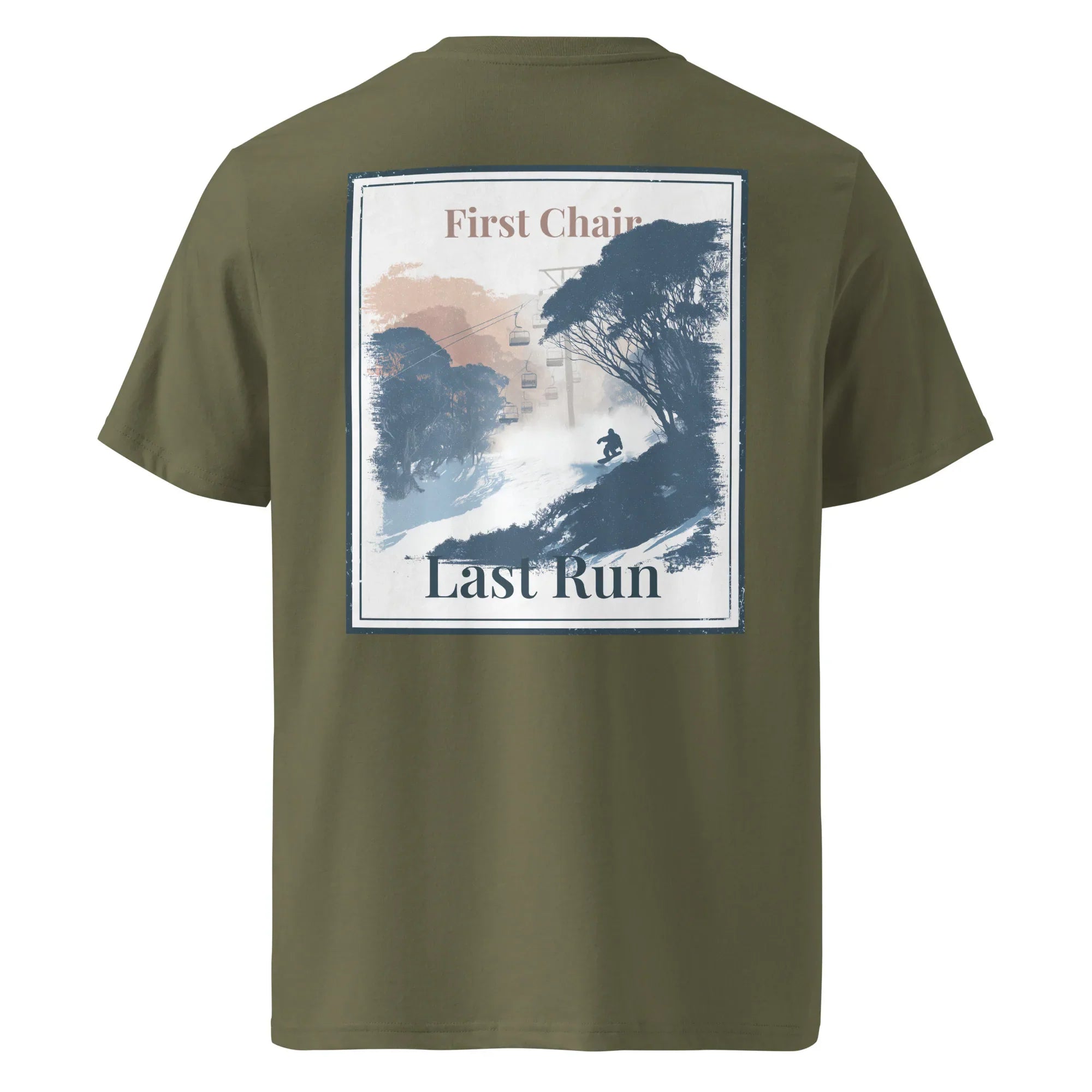 Olive/khaki tee back with framed 'First Chair'/'Last Run' graphic