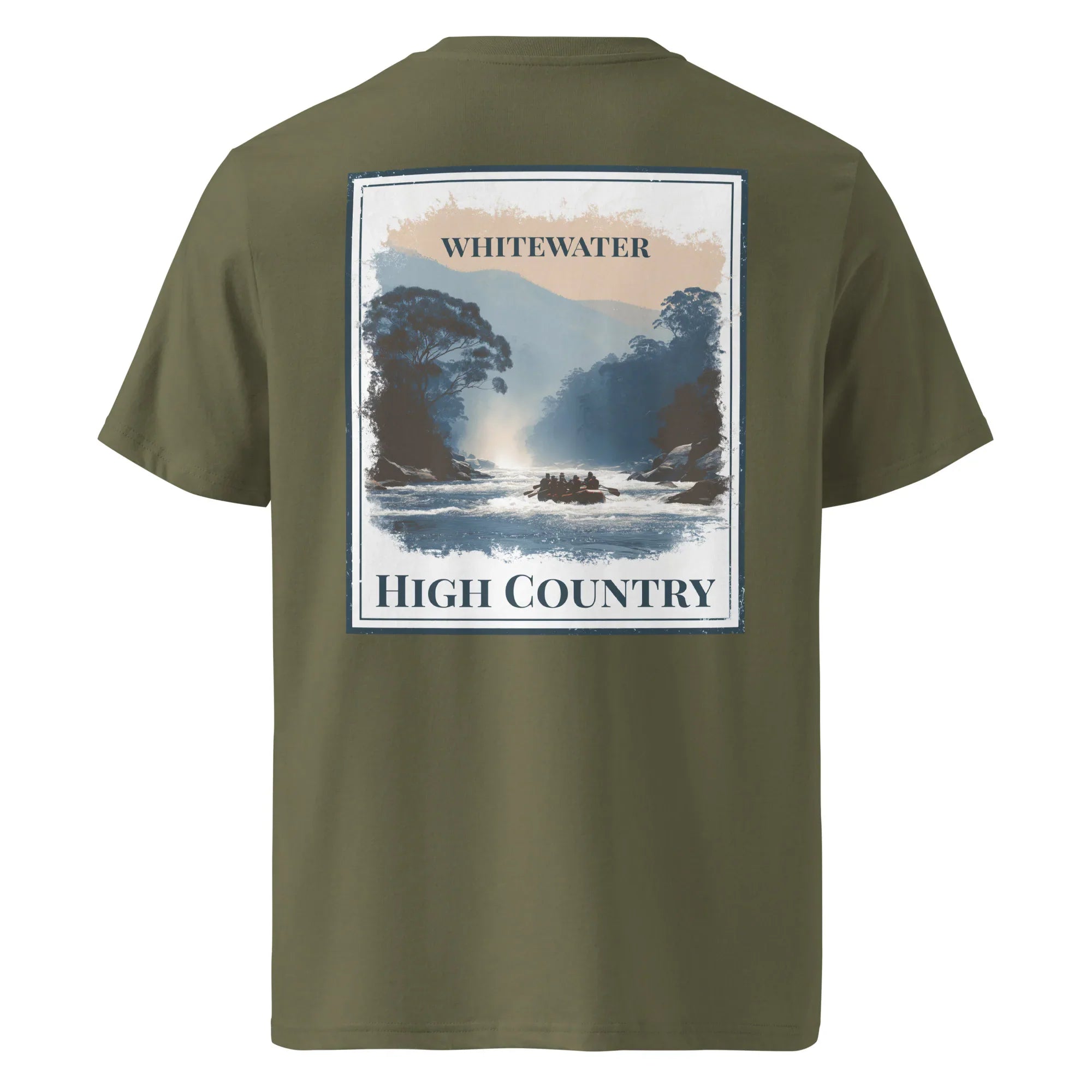 Olive organic T-shirt, back graphic "WHITEWATER" and "HIGH COUNTRY"