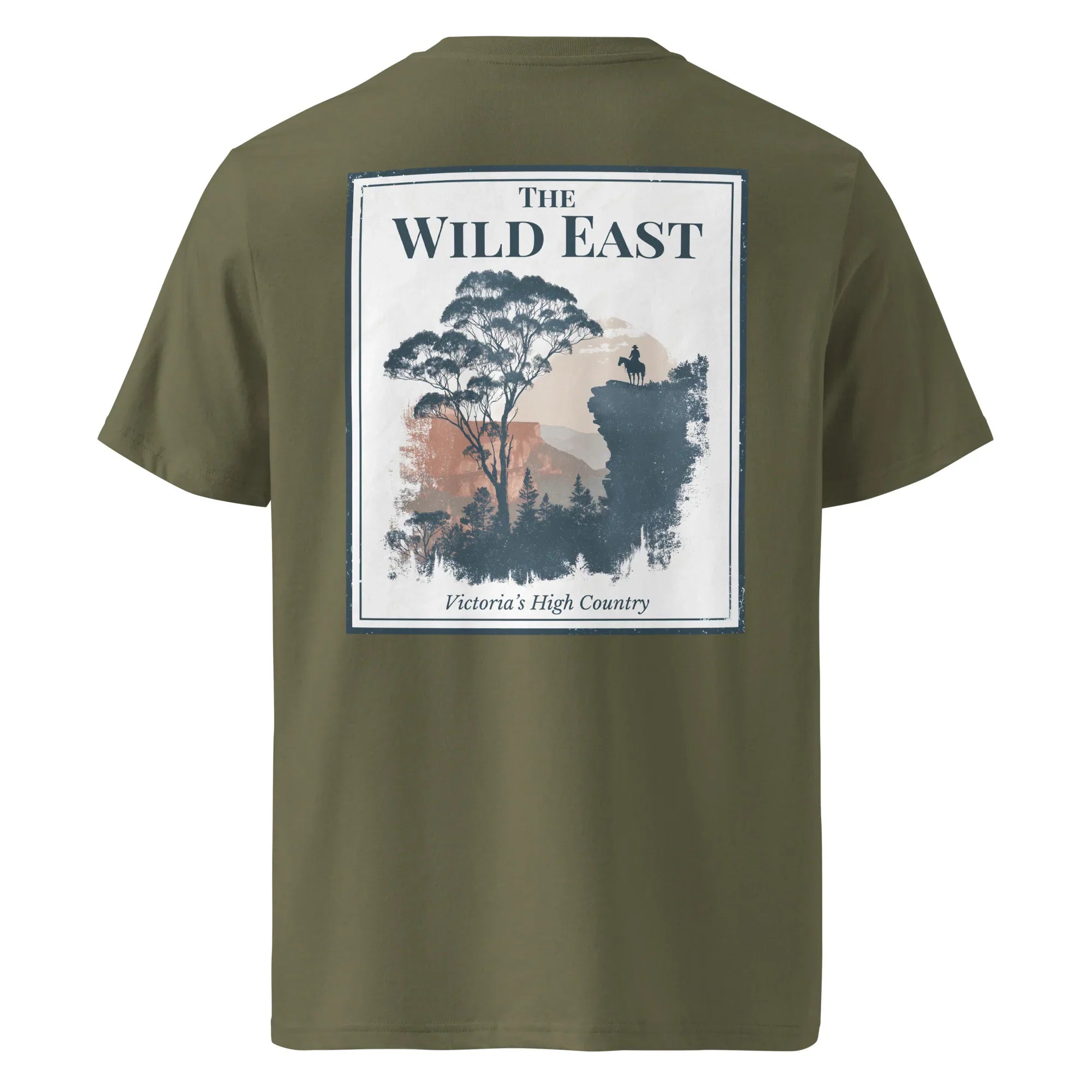 Organic tee back in khaki/olive, large “The Wild East” landscape print