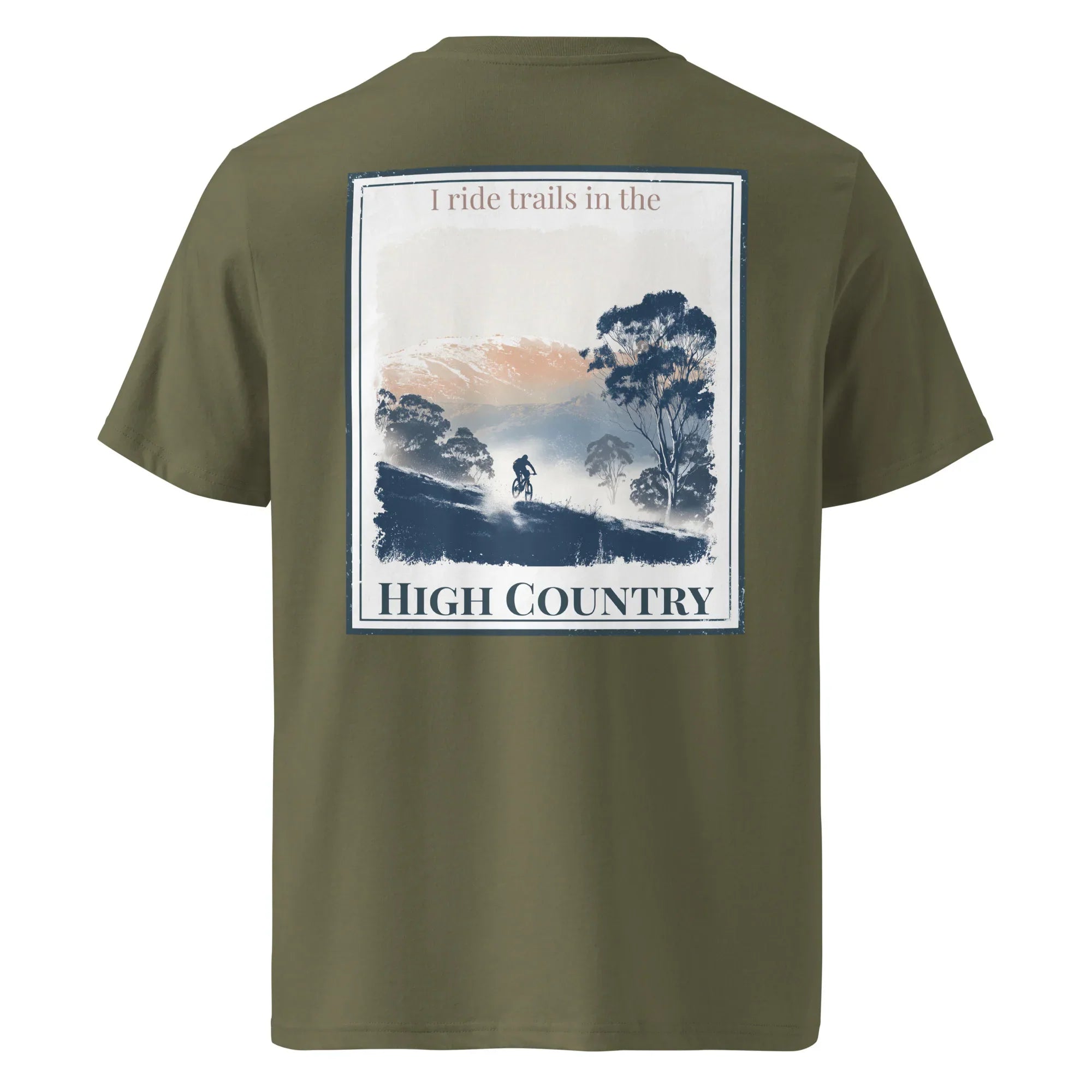 Khaki organic tee, back scenic 'High Country' print