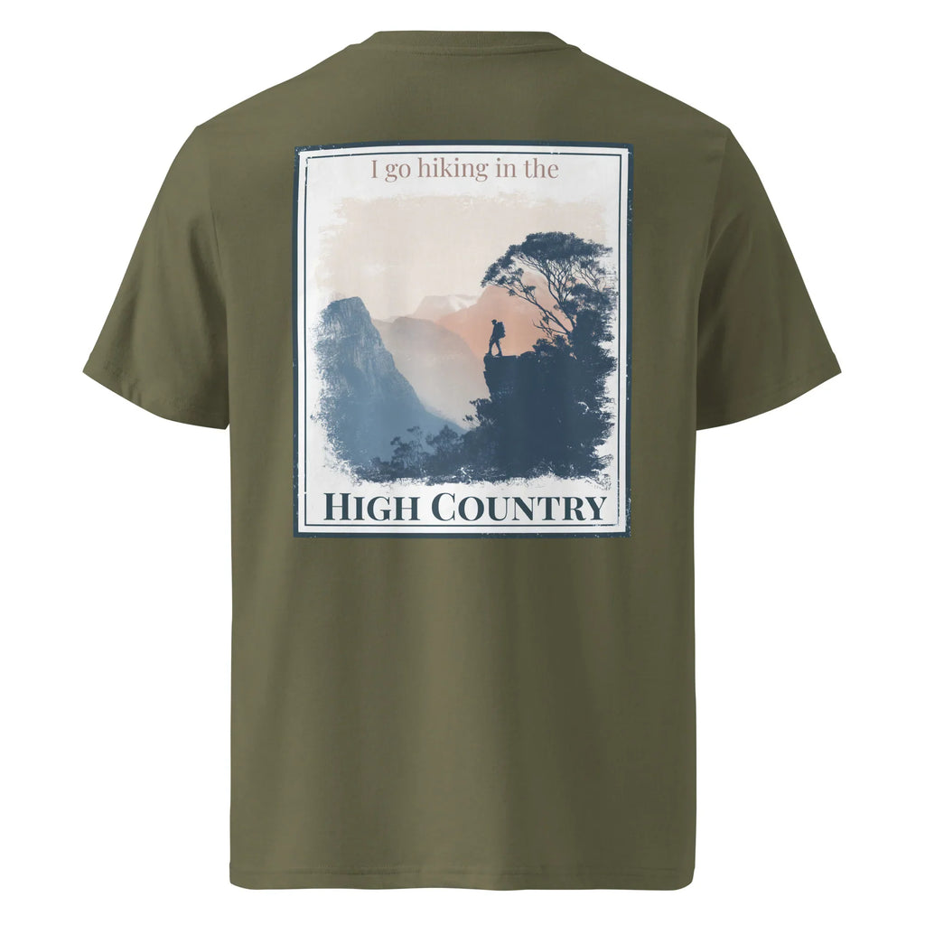 T-shirt biologique vert olive, imprime « High Country » au dos