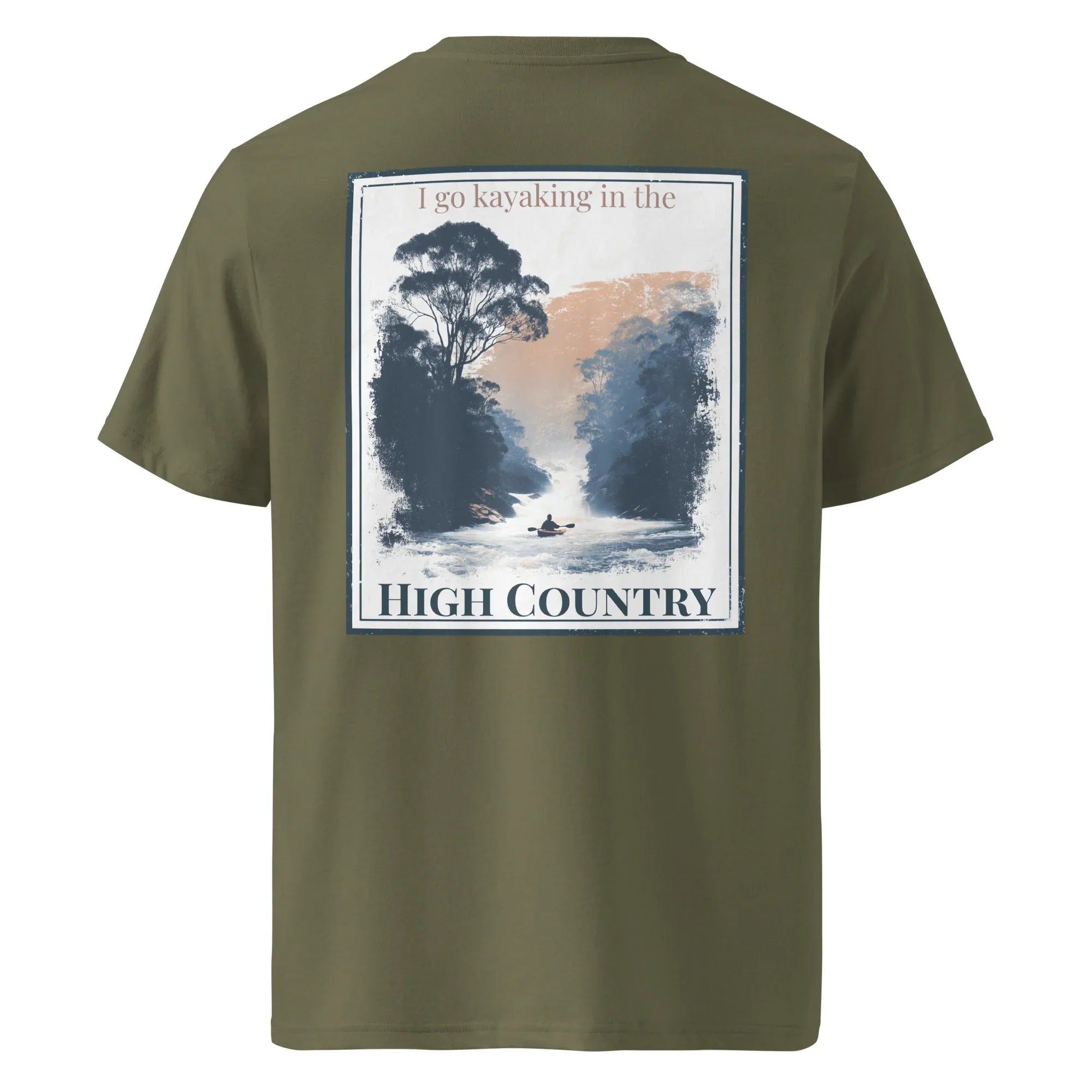 Khaki T-shirt Rückenprint „I go kayaking in the High Country“