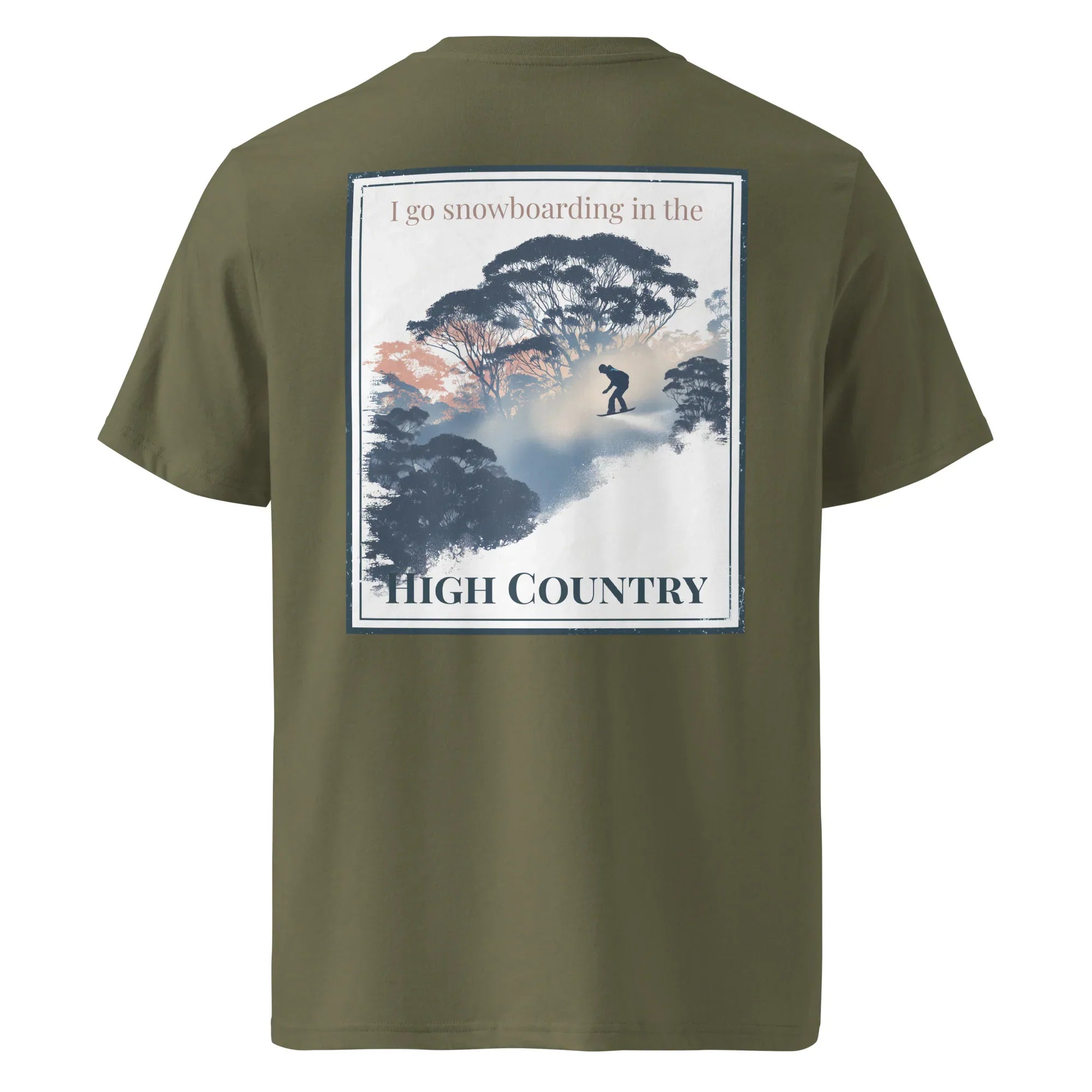 Olive organic tee, back “High Country” graphic with snowboarder illustration