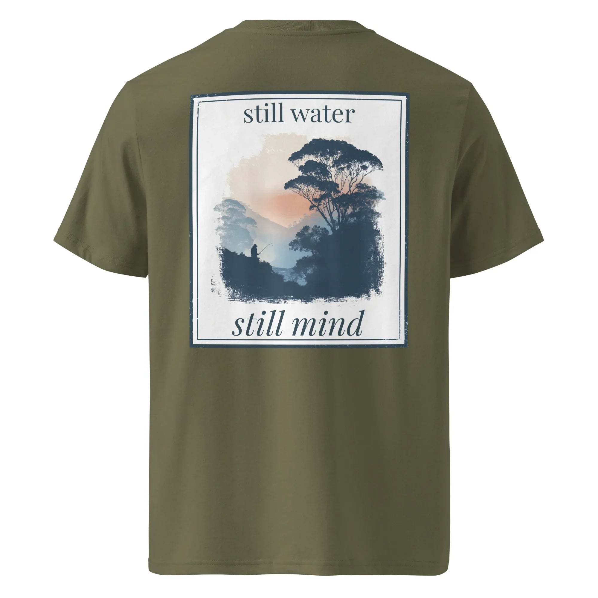 Khaki Organic Tee back graphic 'still water' / 'still mind' in white frame