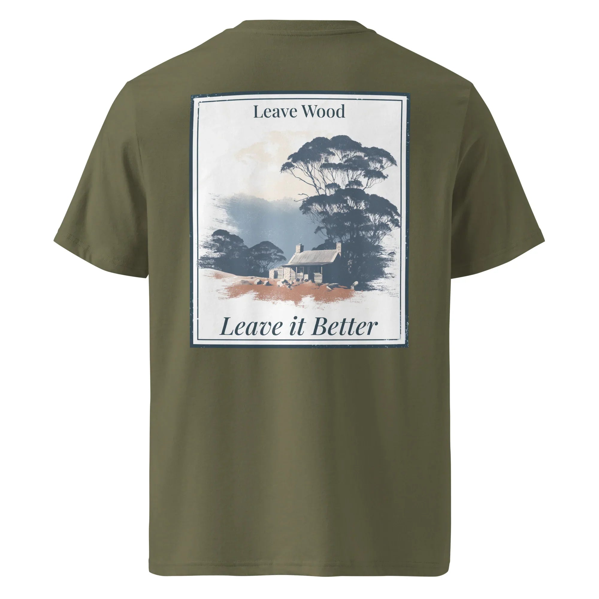 Khaki/olive organic tee, back graphic print “Leave Wood / Leave it Better”