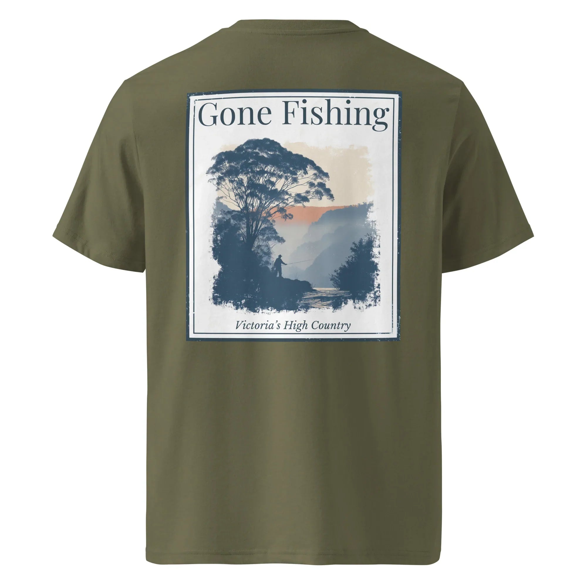 Gone Fishing organic tee, khaki/olive—back graphic print
