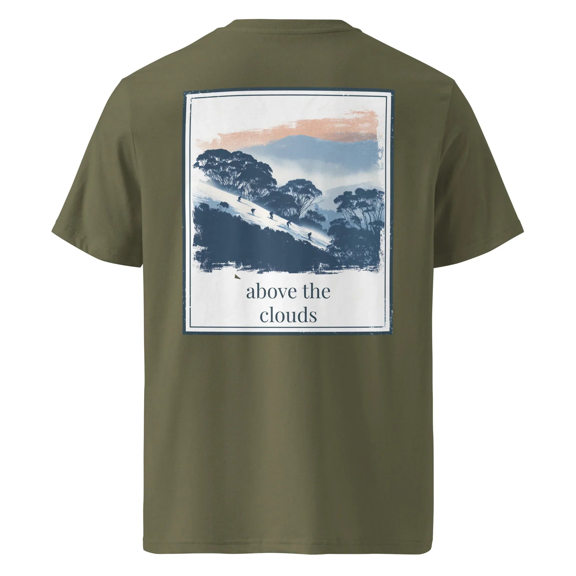 Olive organic tee, back graphic of mountains with text “above the clouds”
